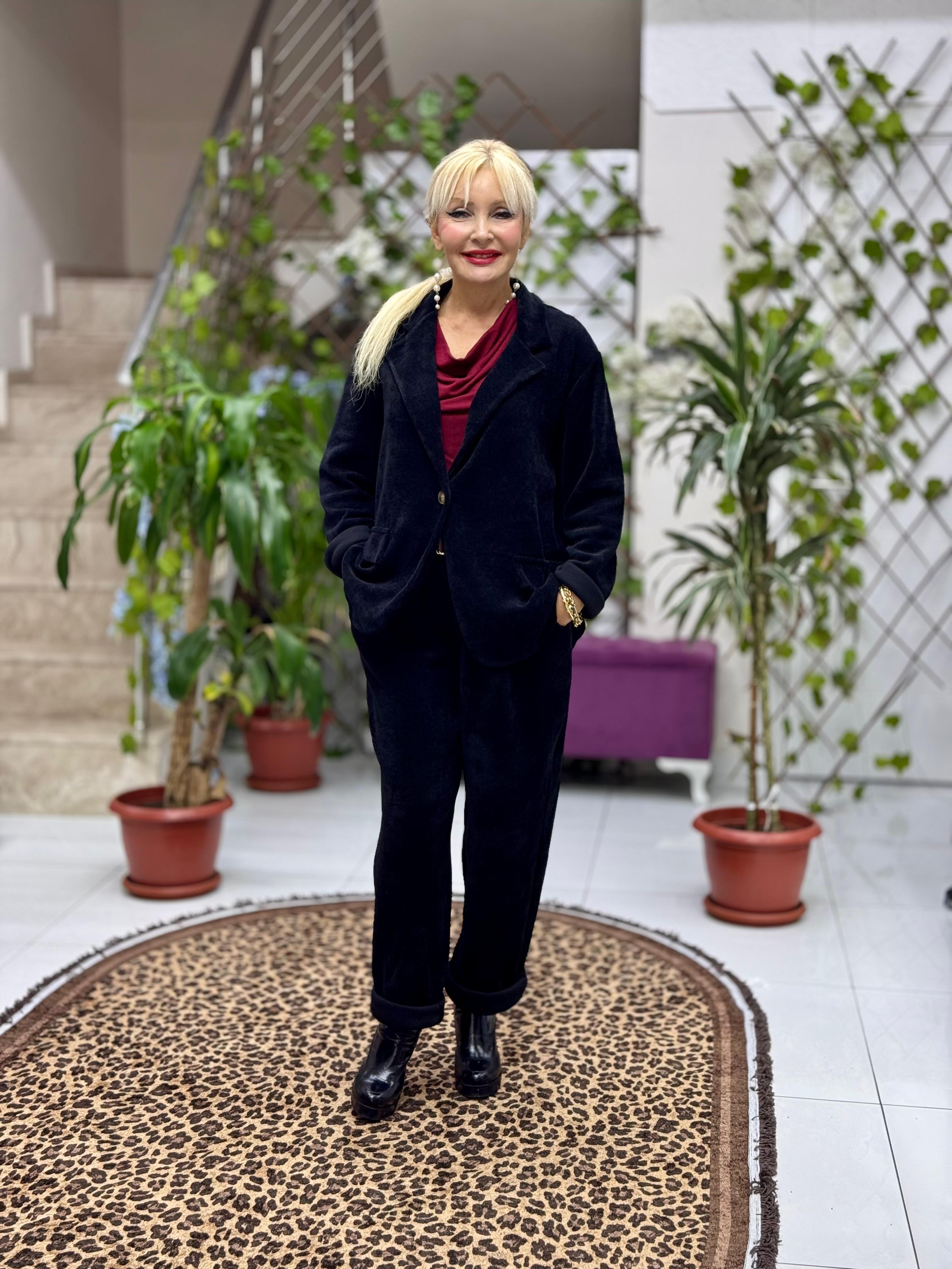 YG683089 Tek Düğme İtalyan Ceket Pantolon Kadife Takım Siyah