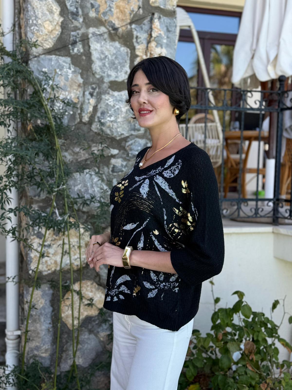 LS7514 İtalyan Yaprak Desen Triko Bluz Siyah