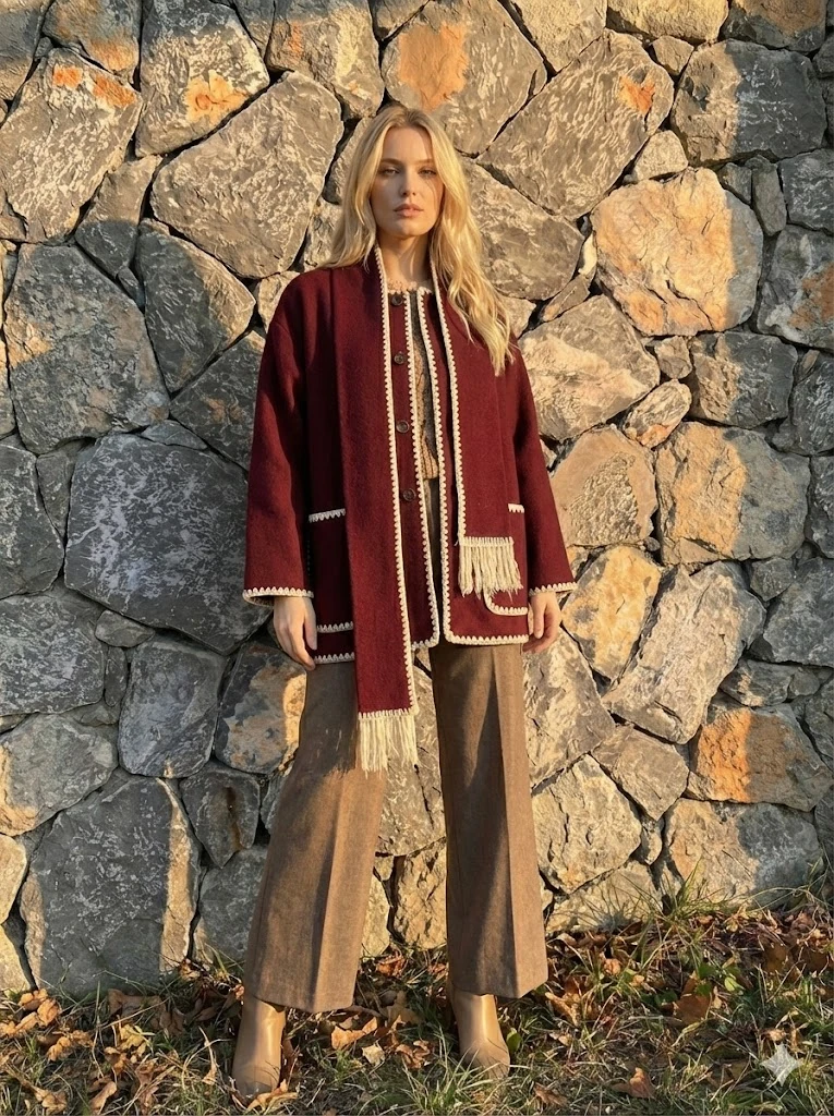 NC27786 Oya İşlemeli Atkılı İnce Kaşe Hırka Mürdüm