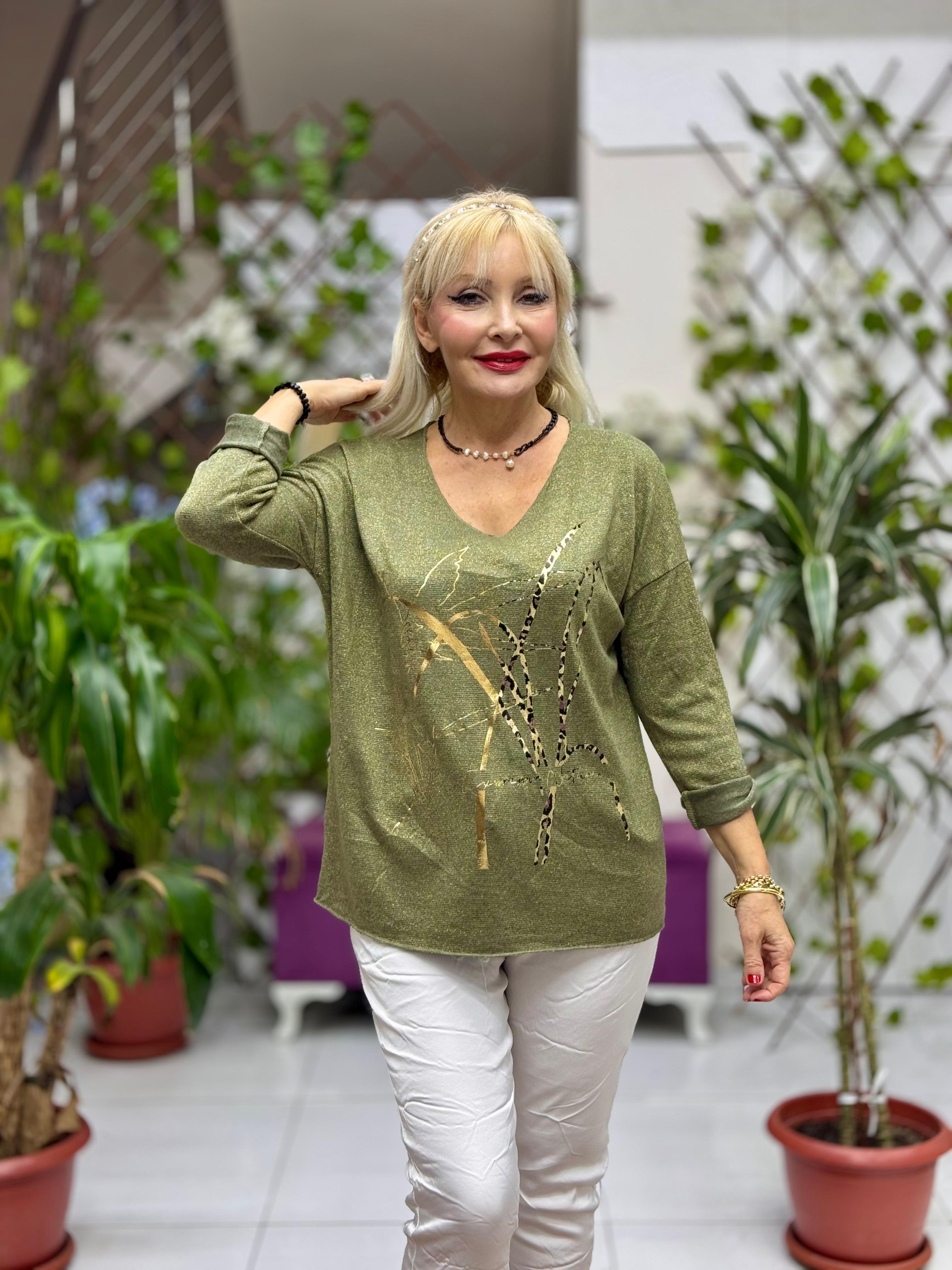 YG11773 Leopar Baskılı İtalyan Triko Bluz Haki