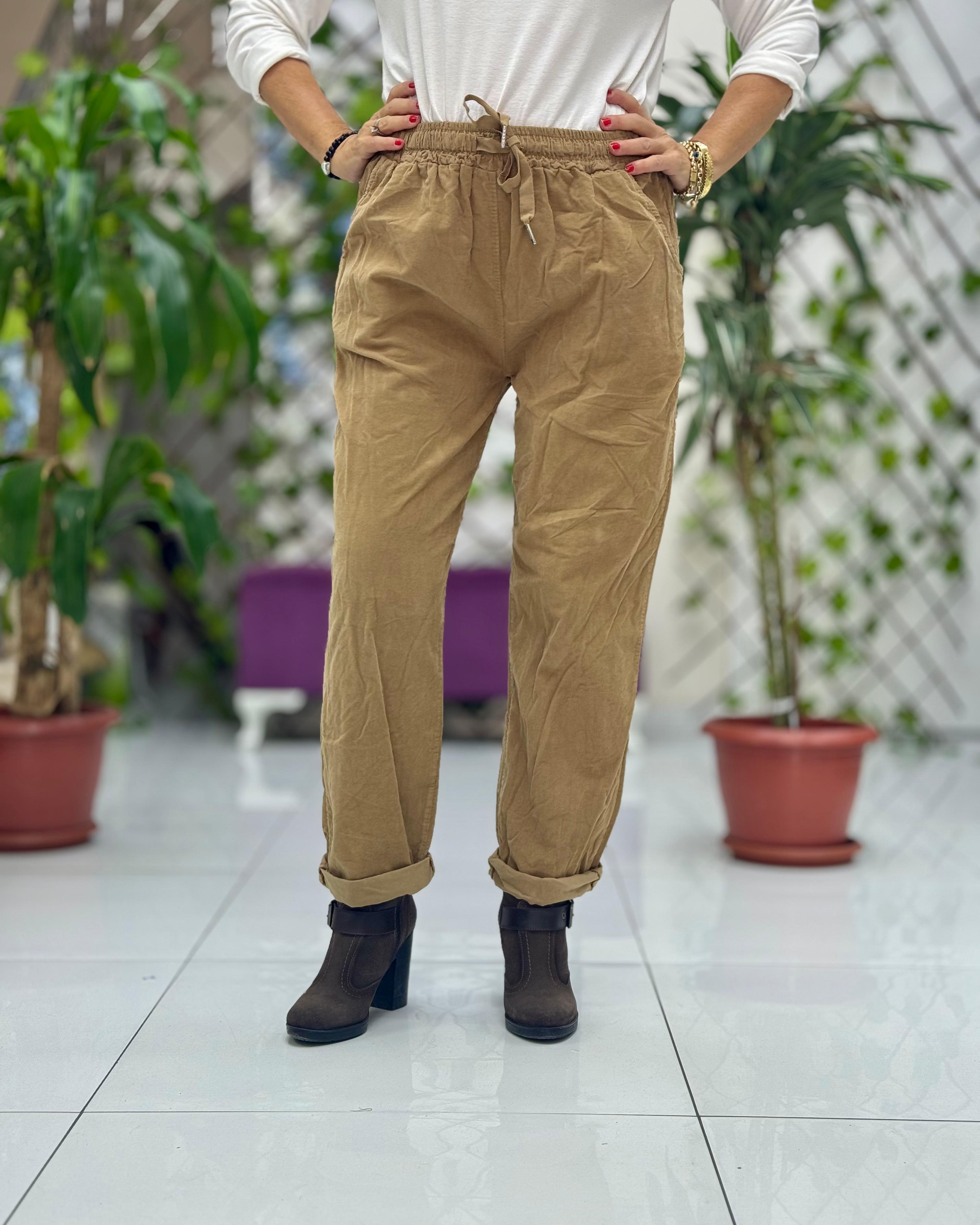 YG3005 Beli Bağcıklı İtalyan Kadife Pantolon Camel