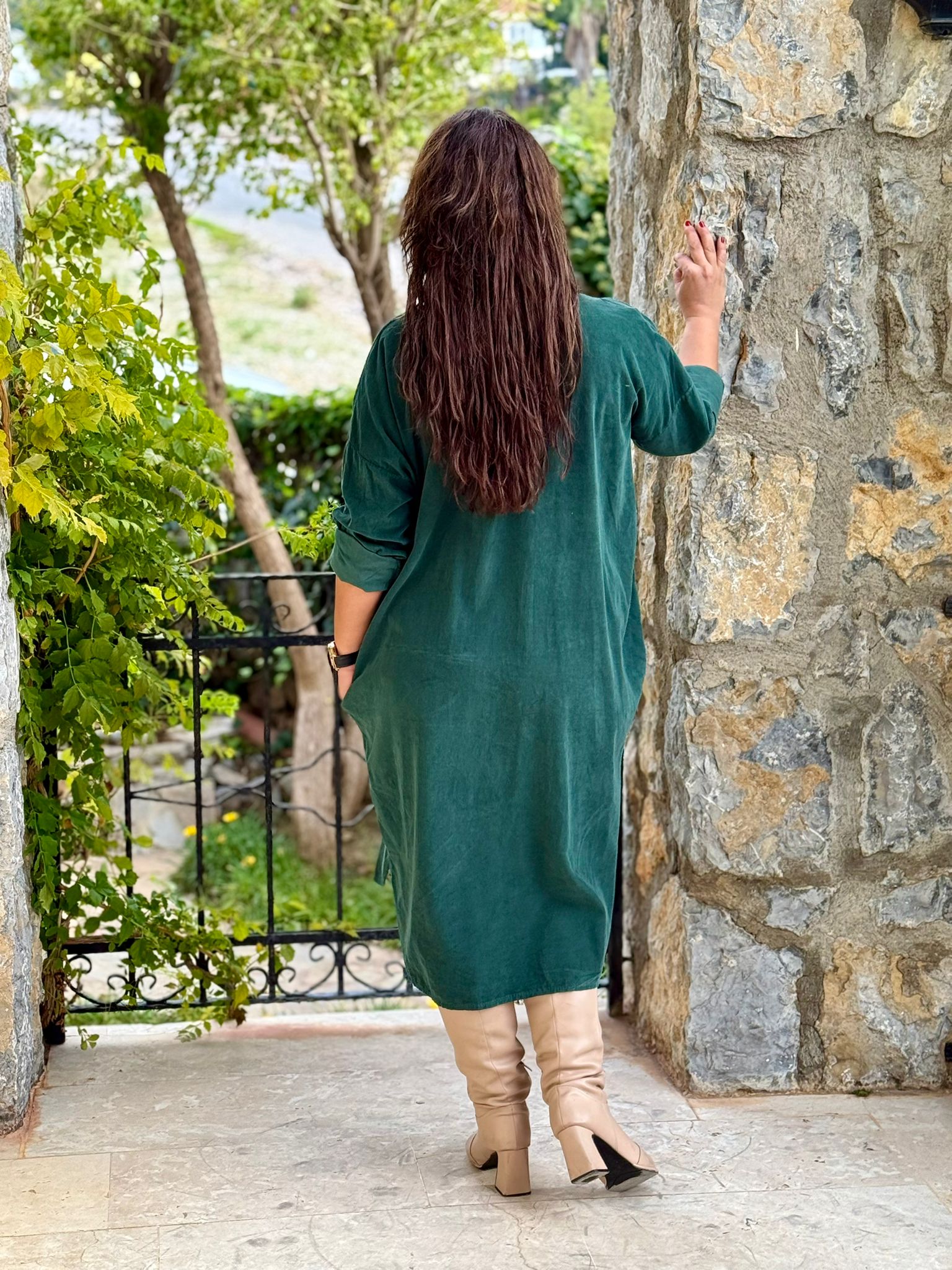 YG11410 Çiçek Baskılı Erkek Yaka  İtalyan Kadife Gömlek Elbise Acı Yeşil