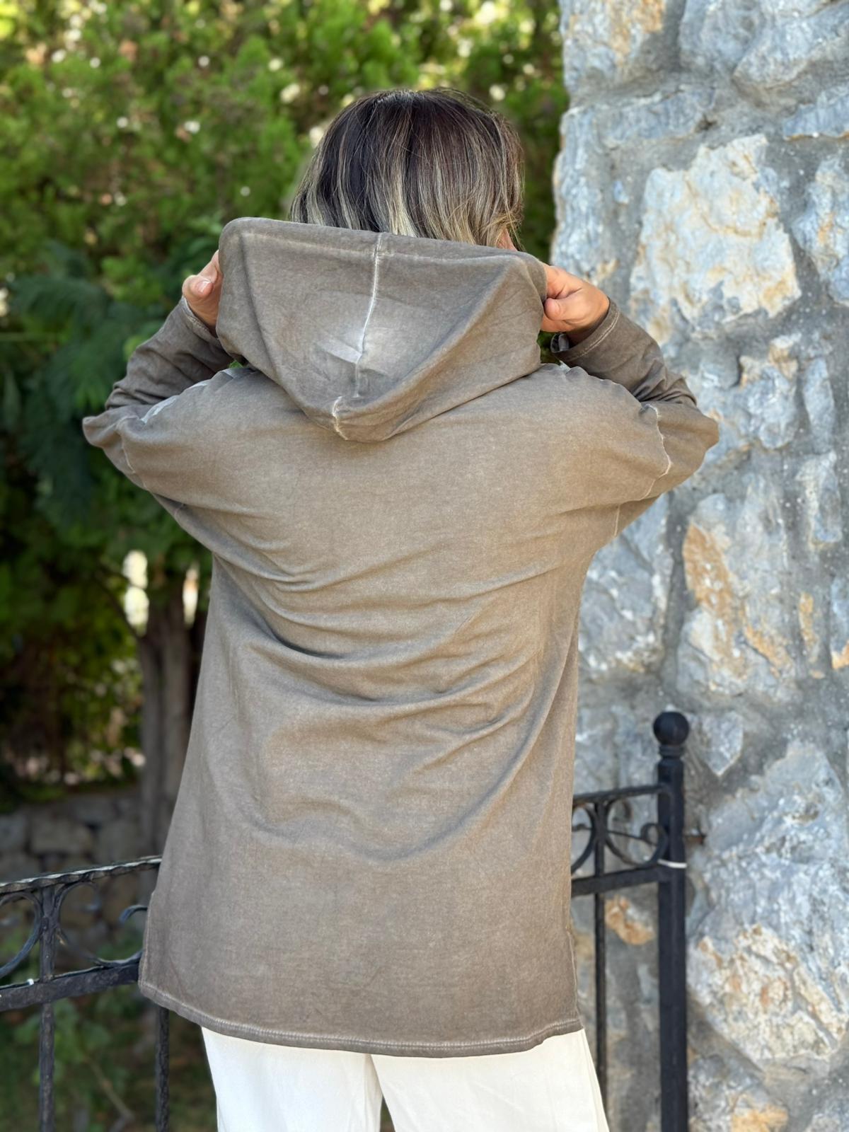 NC56152 İtalyan Leopar Baskılı Kapüşonlu Sweatshirt Vizon