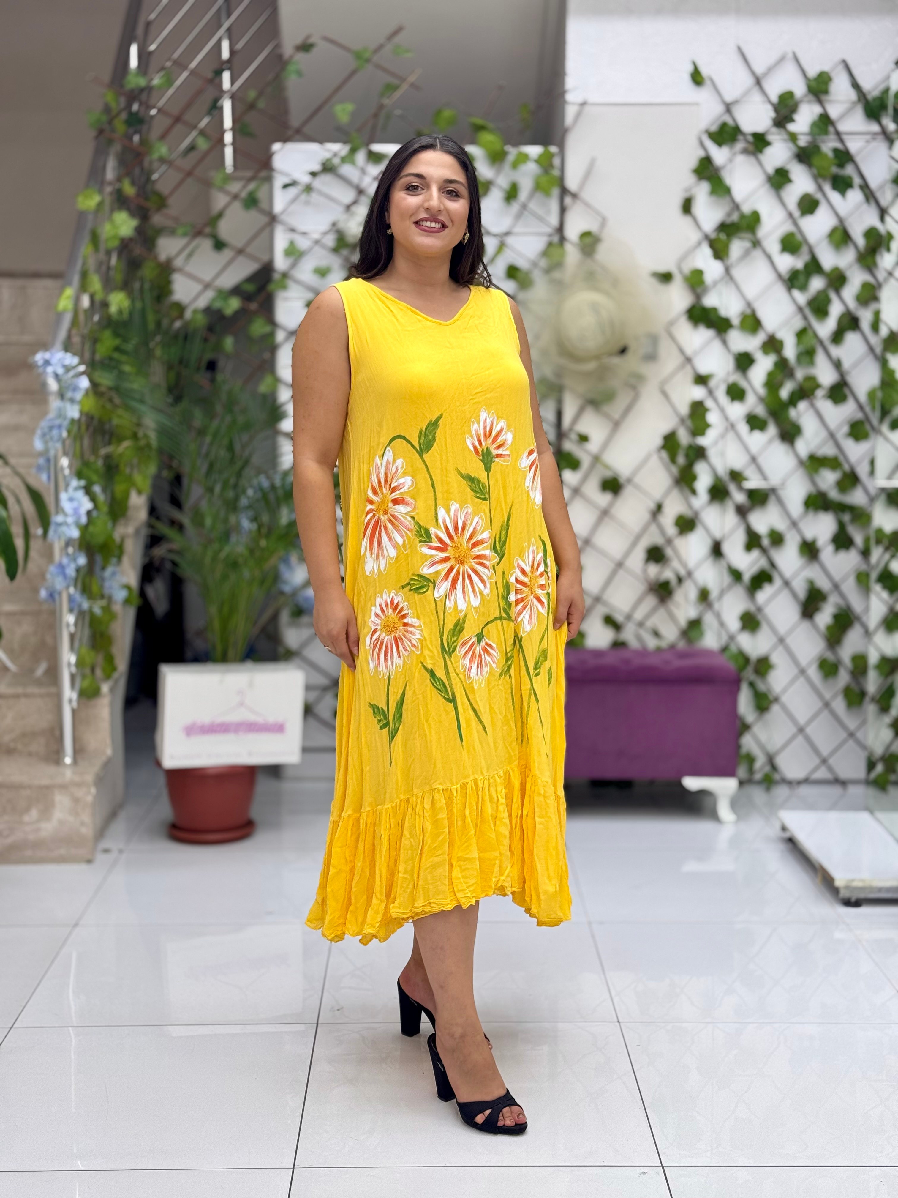 VL3040 Kolsuz Çiçek Baskılı Vual Elbise Sarı