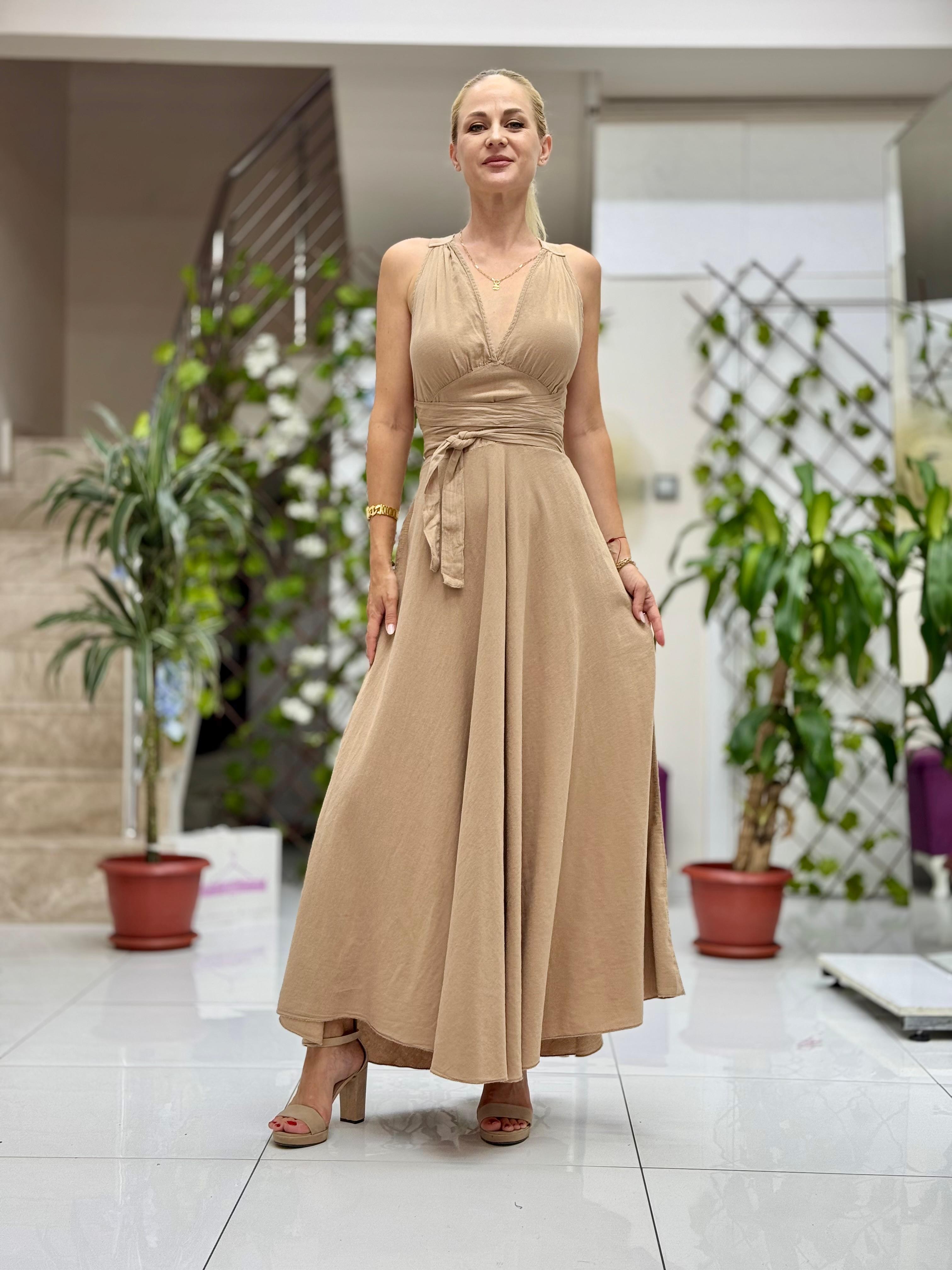 PT25071 Omuz Bağlamalı Belden Kuşaklı Sırtı Açık Coton Elbise Camel