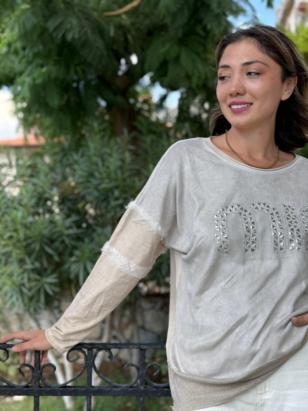 NC53659C İtalyan MIN Taşlı Coton Sweatshirt Krem