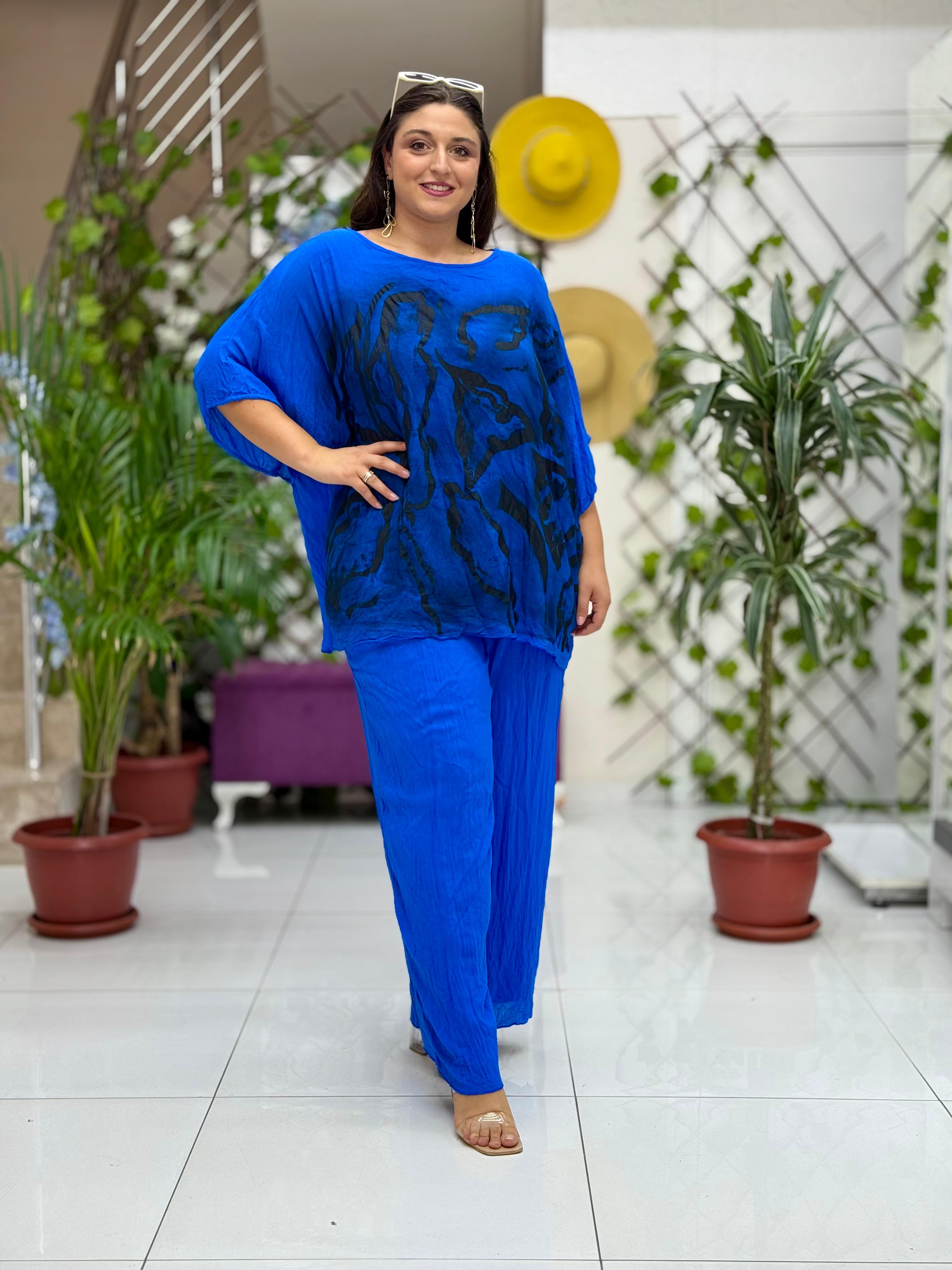 VL3159 %100 Vual Pamuk Bluz Pantolon Takım Saks