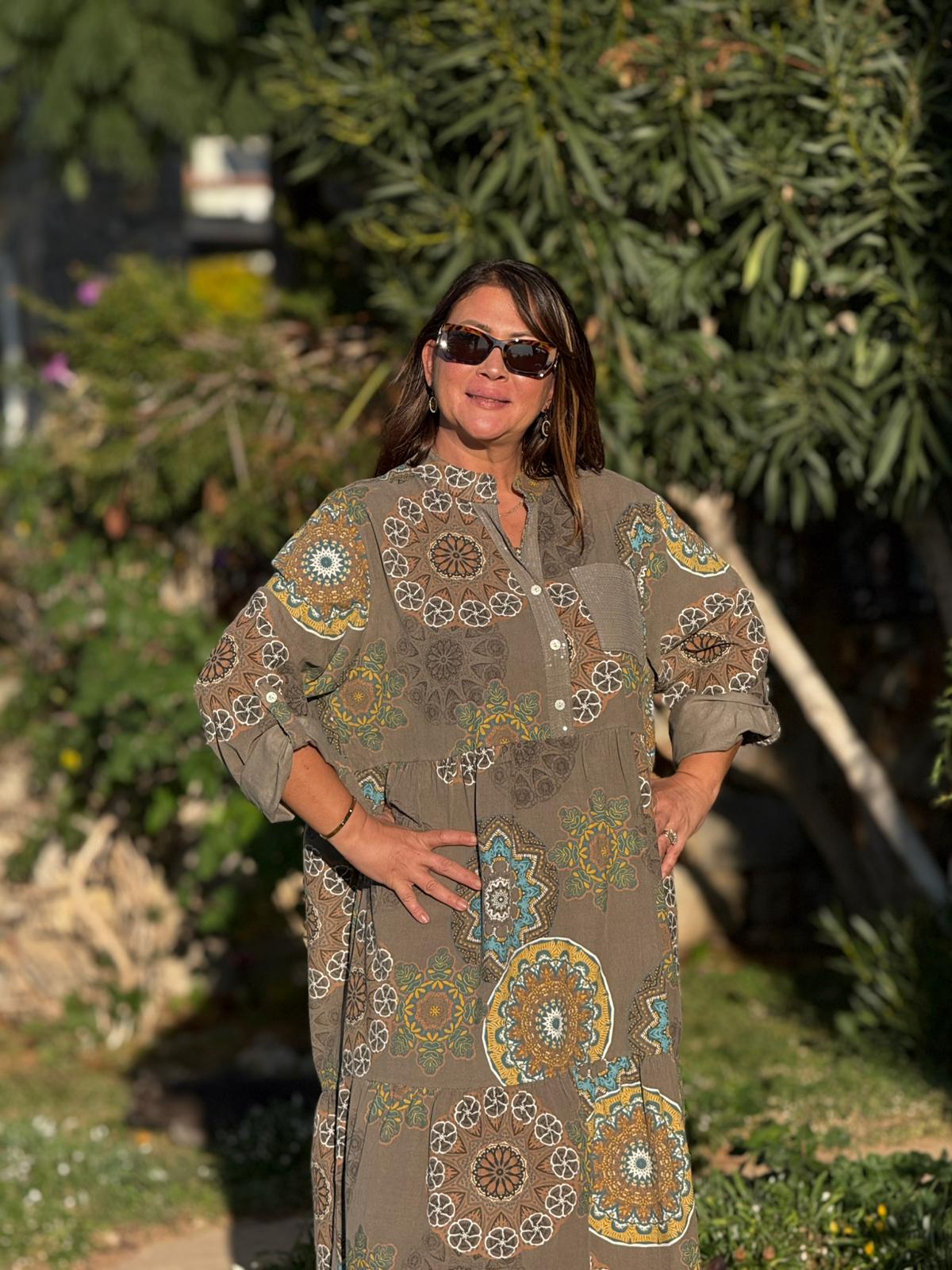 YG12573 Mandala Desen İtalyan Kadife Elbise Haki