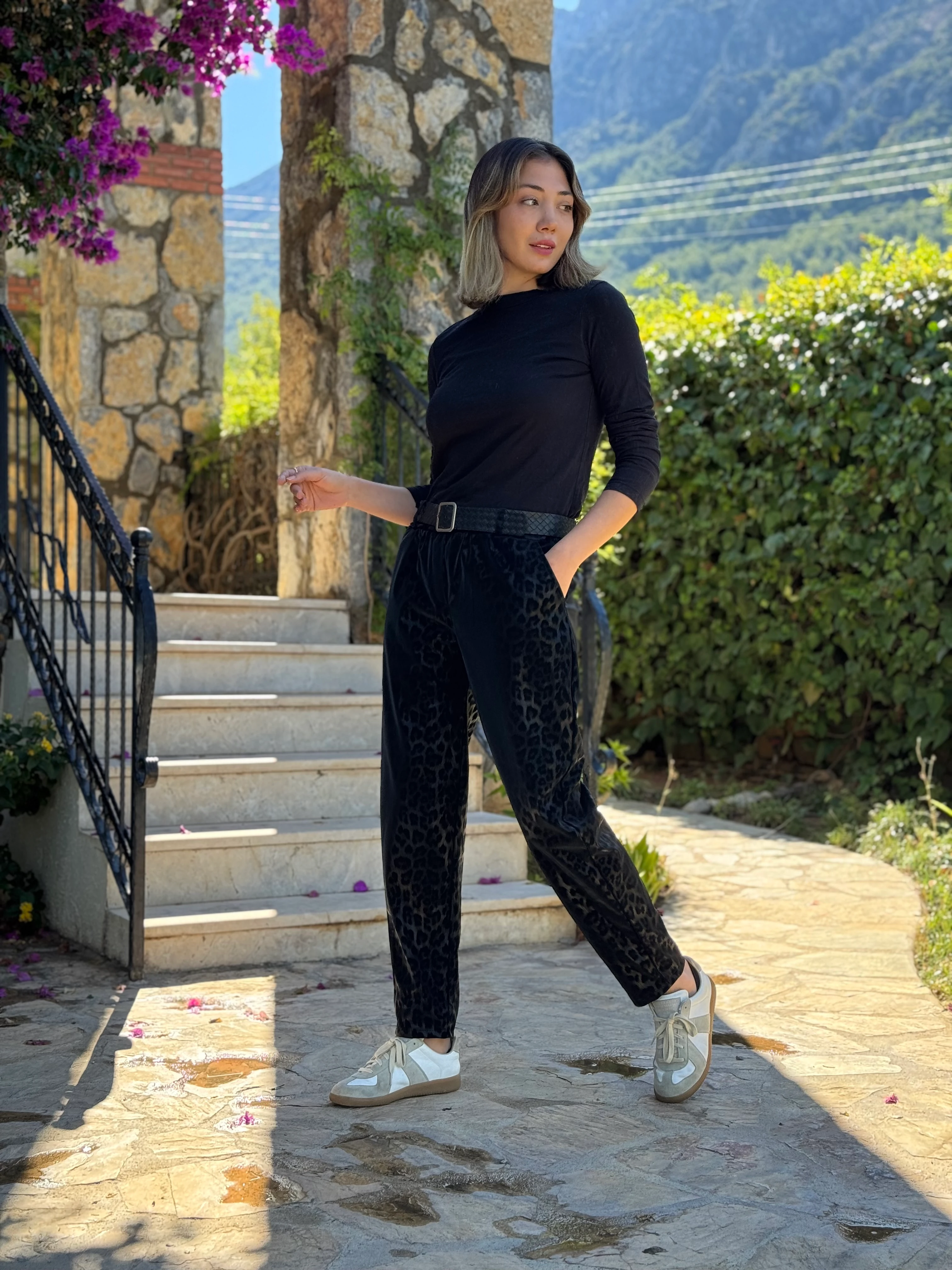 NC242976 italyan Leopar Desen Deri Pantolon Siyah