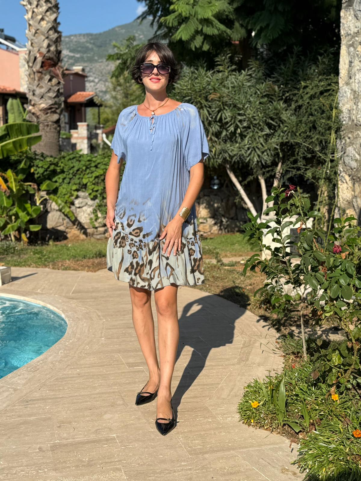 NC10526 İtalyan Yaka Lastikli Leoparlı Coton Elbise Mavi