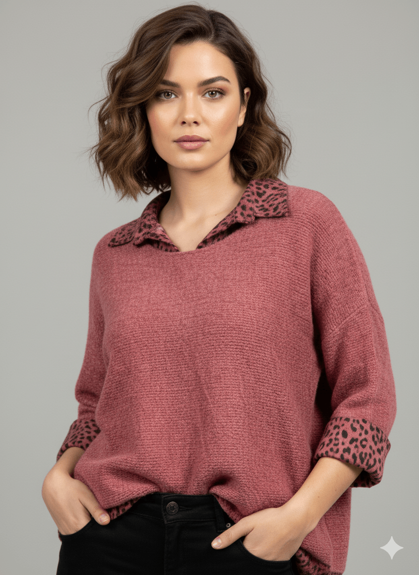 NC516022 İtalyan Leopar Desen Erkek Yaka Kazak Bordo