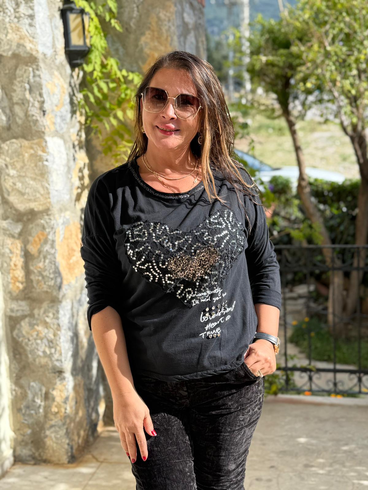 YG42030 Kalp Desenli Pullu İtalyan Triko Bluz Siyah