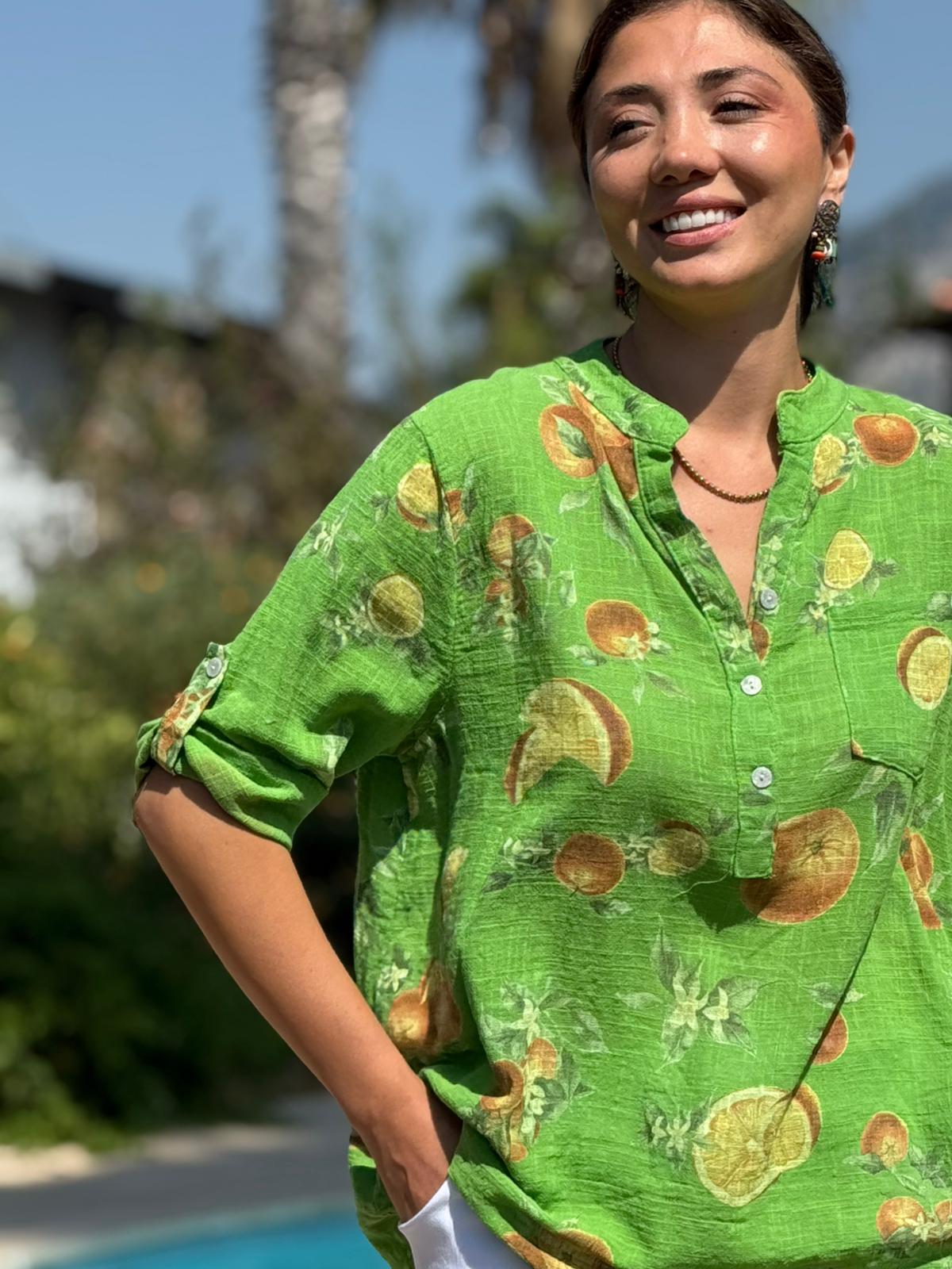 NC154553 İtalyan Pamuk Keten Bluz Yeşil