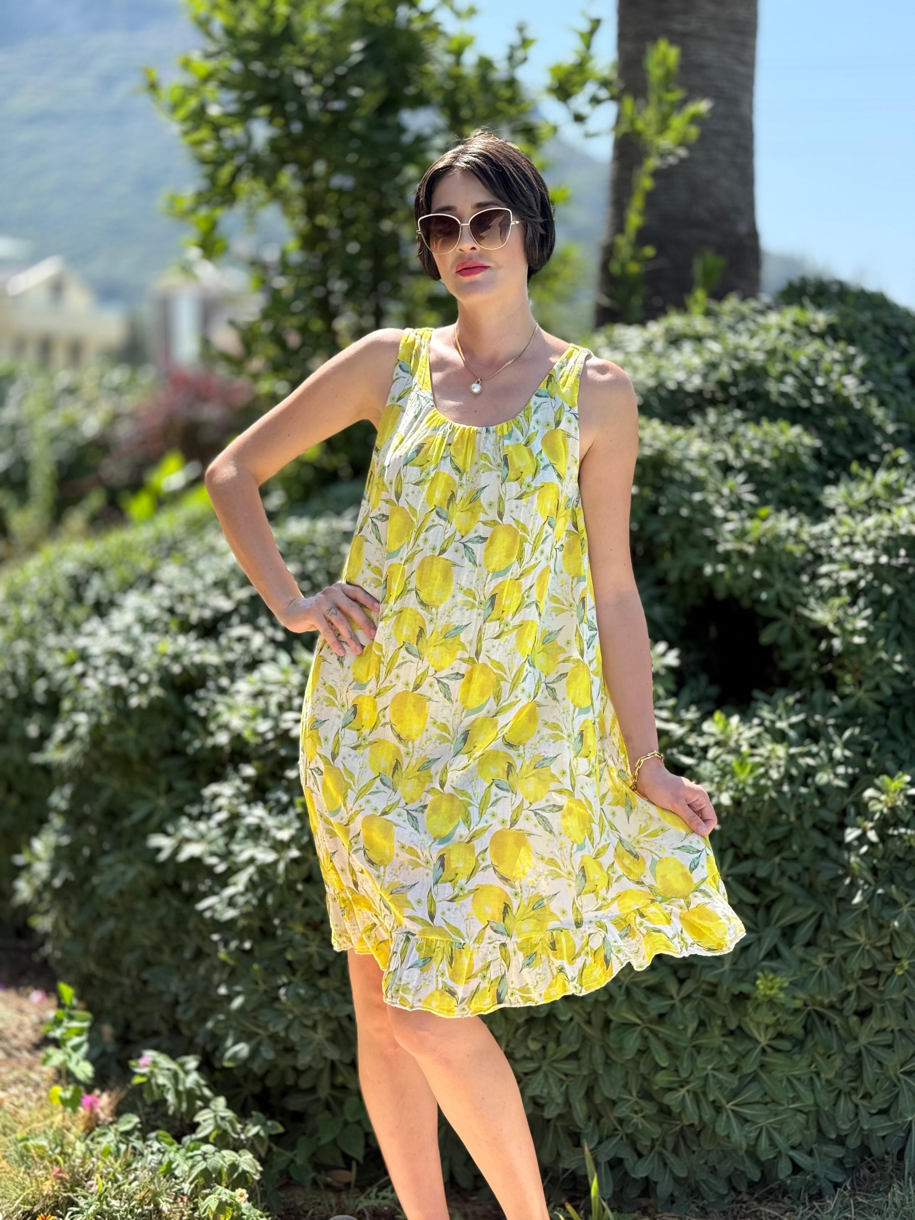 YG205030 İtalyan Coton  Limon Desen Elbise Krem