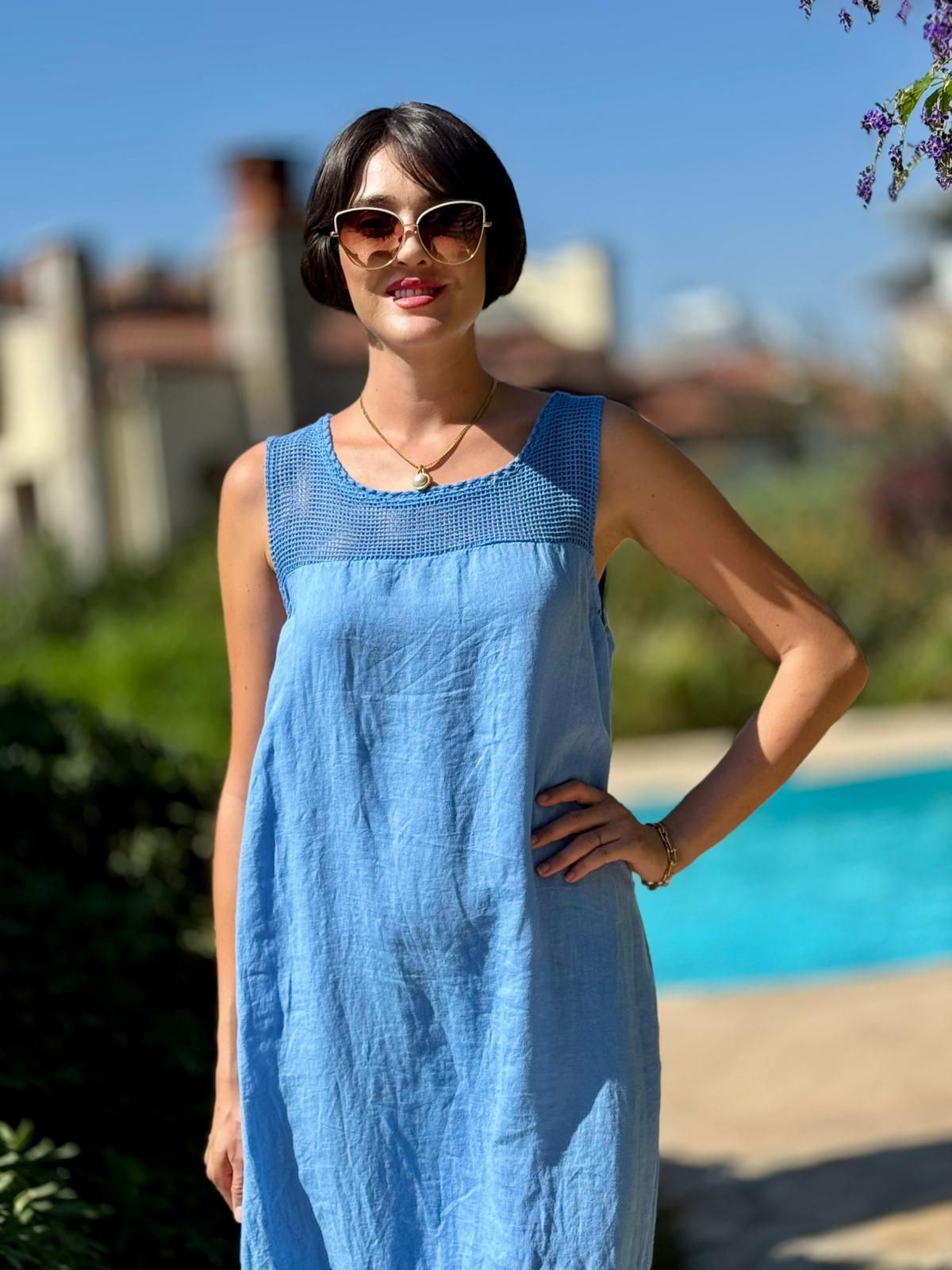 NC61340 İtalyan Fileli Askılı Keten Elbise Mavi