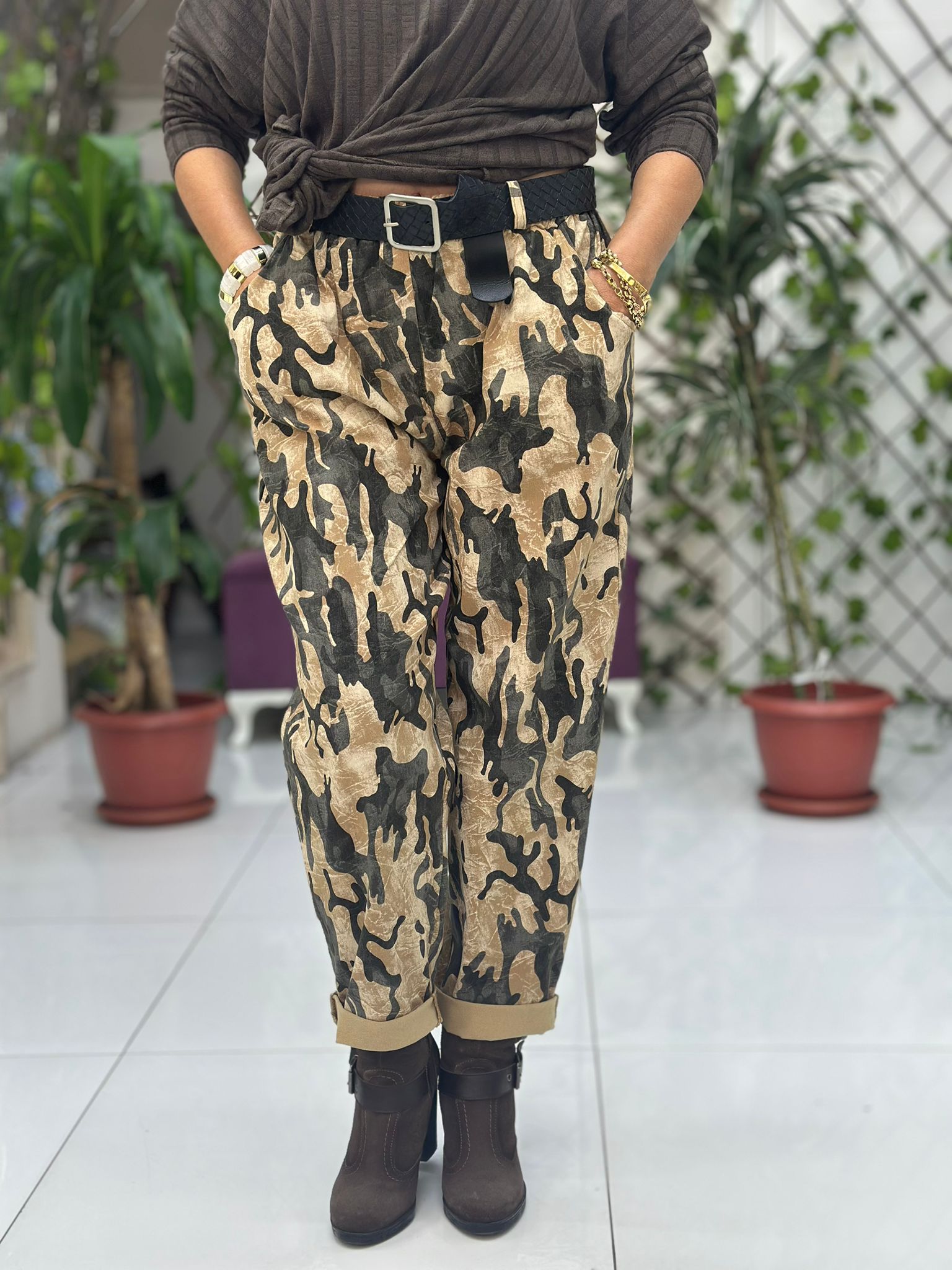 NC242975 İtalyan Kamufulaj Likralı Coton Pantolon Camel