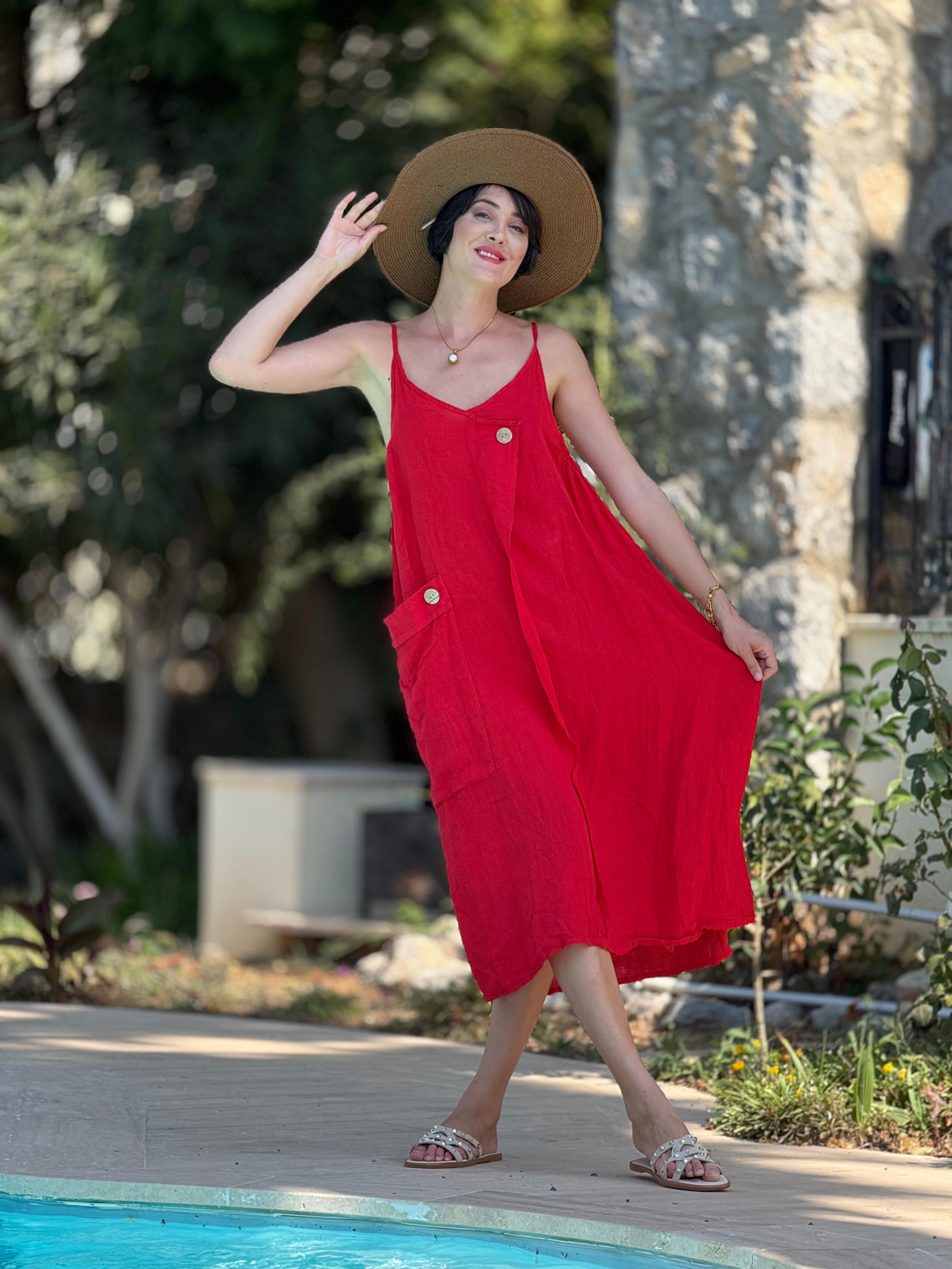 YG205040 İtalyan Keten Elbise Kırmızı