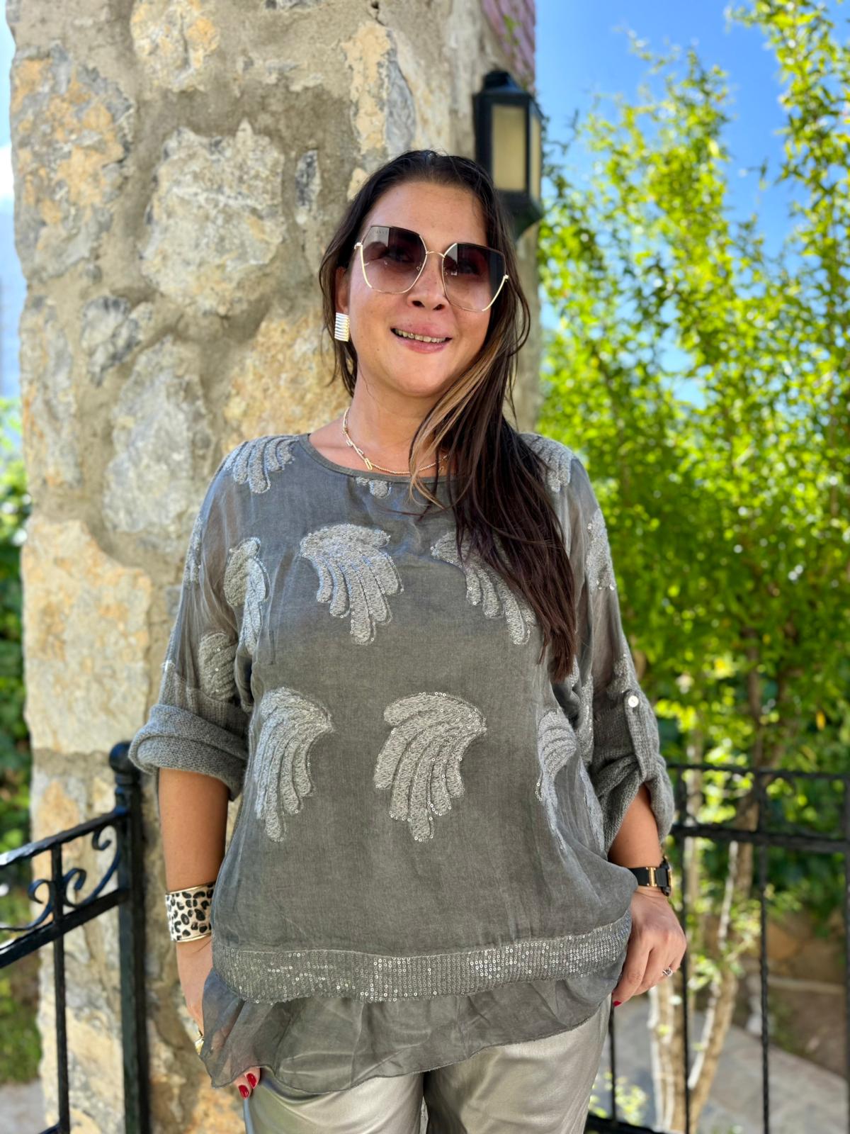 NC0023 Pul Payetli Kabartmalı İpek Triko İtalyan Bluz Füme