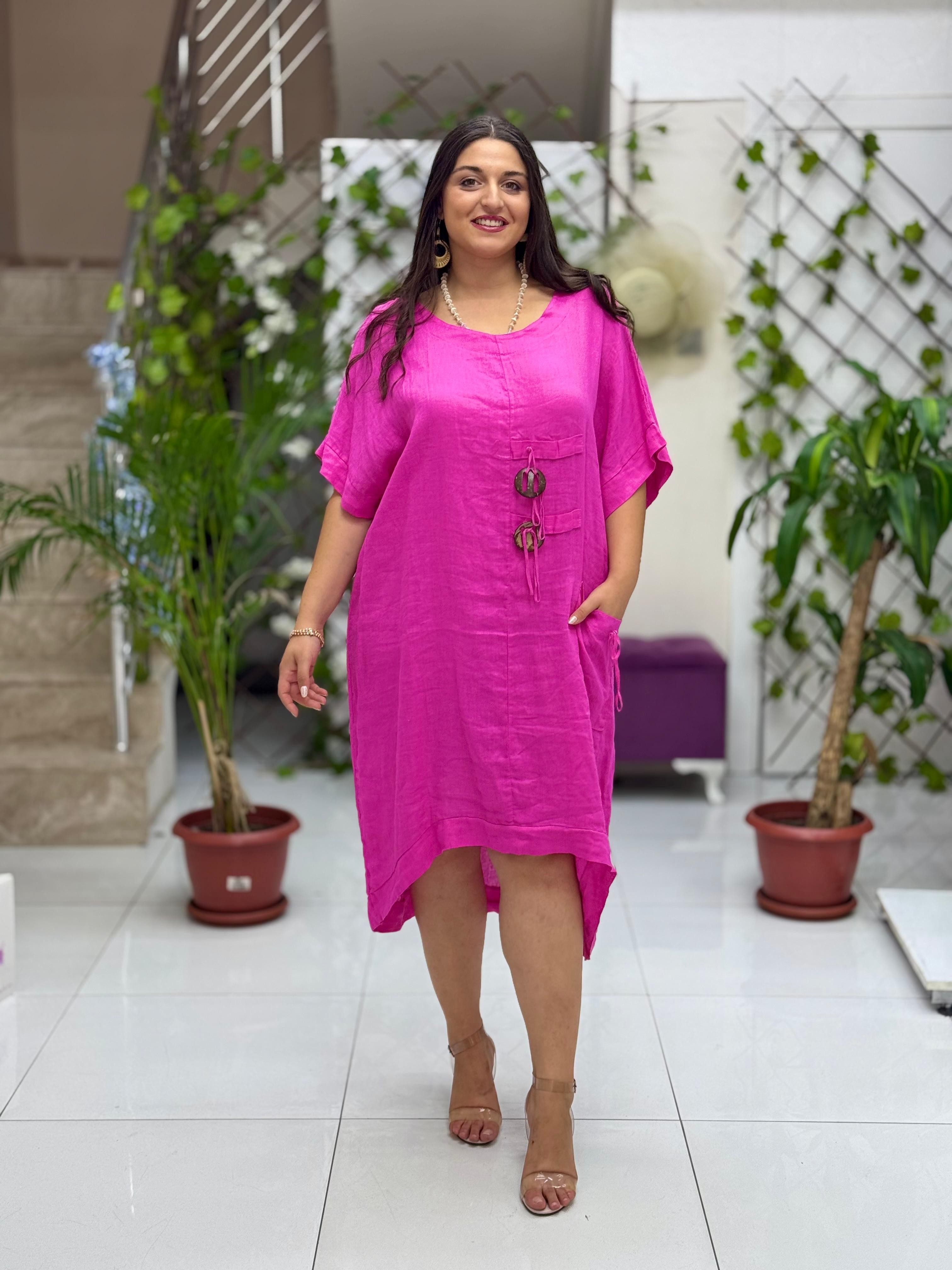 N231344 İtalyan Keten Elbise Pembe