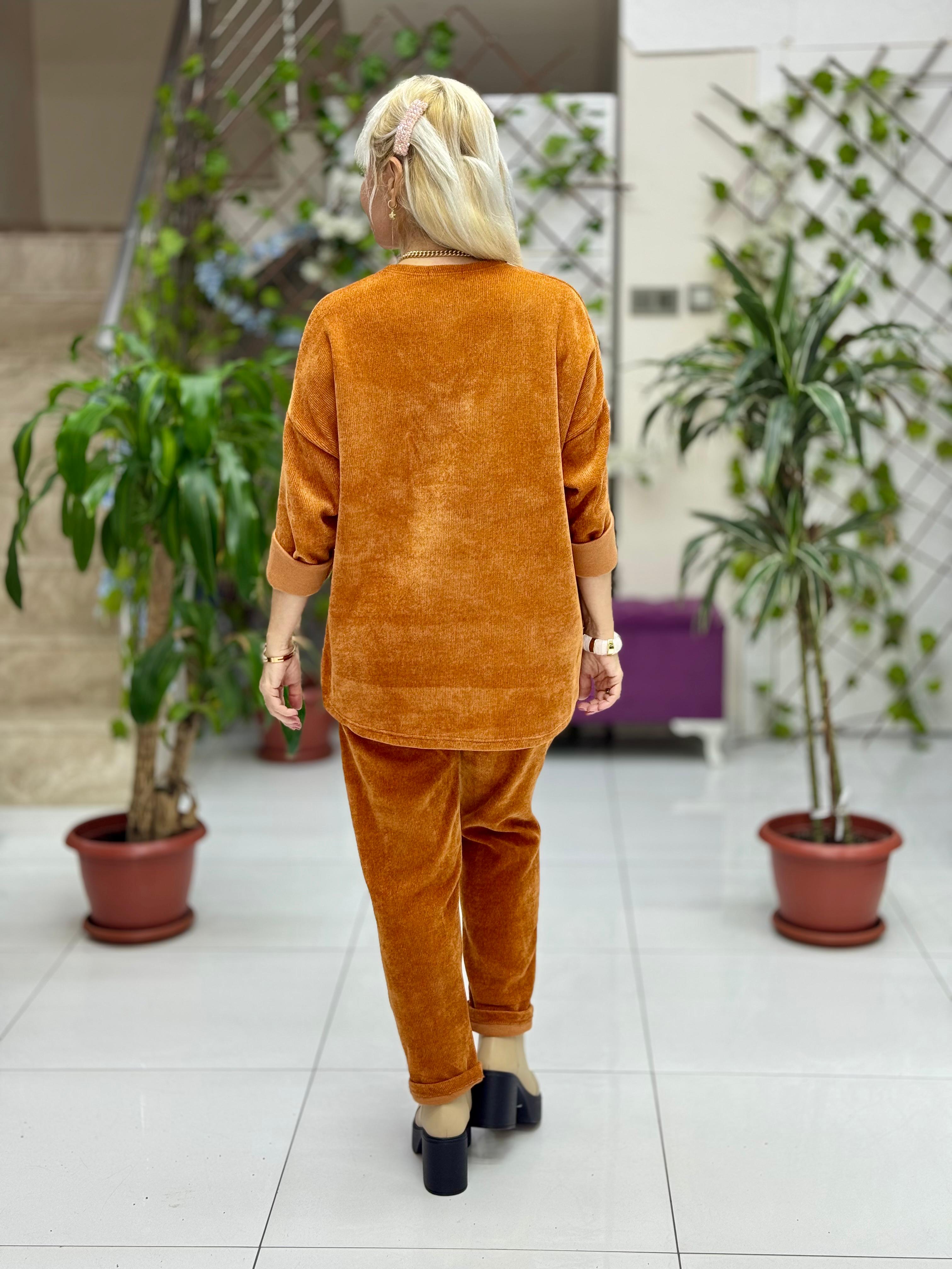 NC24155 Leopar Baskılı İtalyan Kadife Takım Oranj