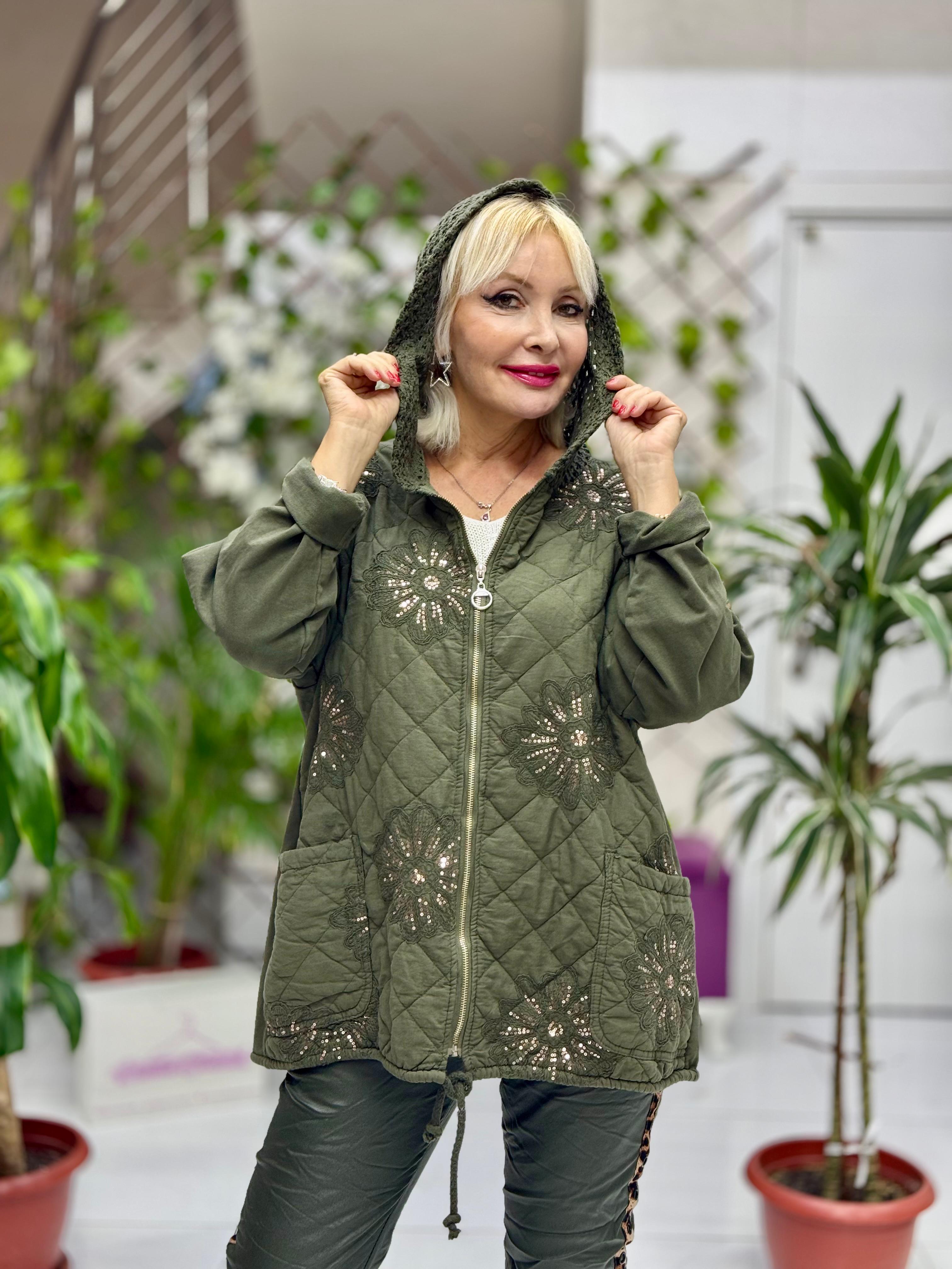 YG13176 Pulpayetli Brodeli İtalyan Kapitone Ceket Haki