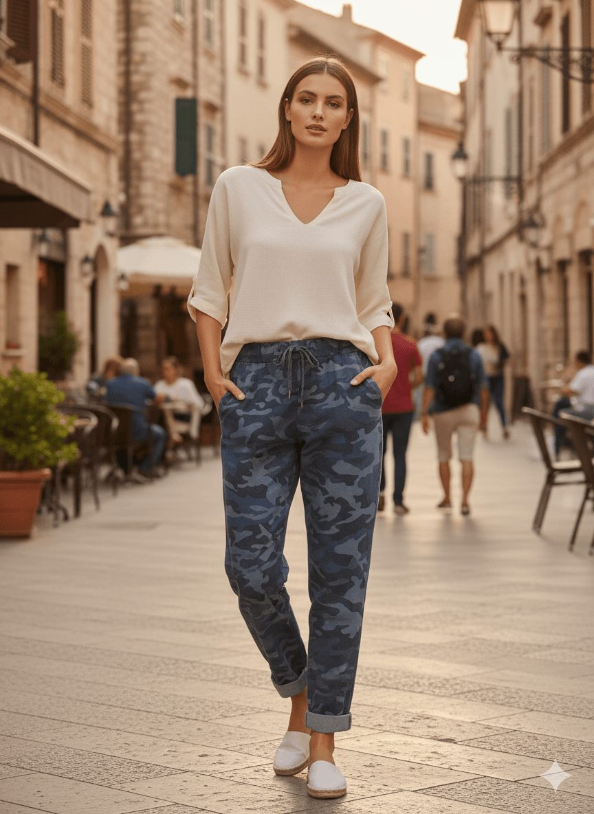 LS7312 Kamuflaj Desenli Likralı İtalyan Coton Pantolon Marin