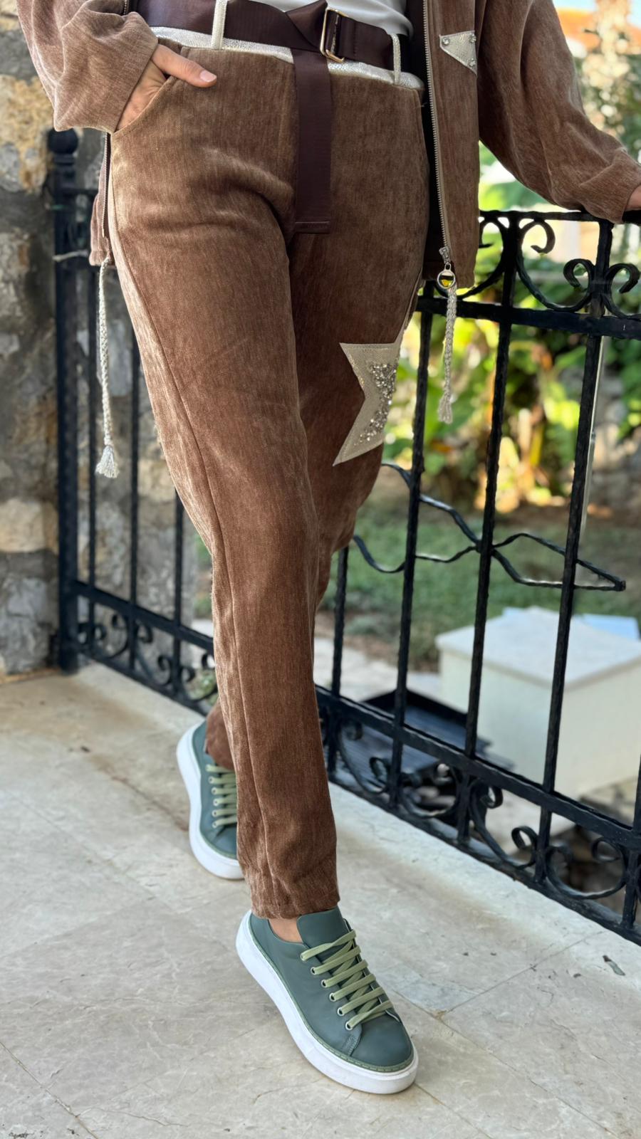 LS12520 İtalyan Yıldız Taşlı Kadife Pantolon Camel