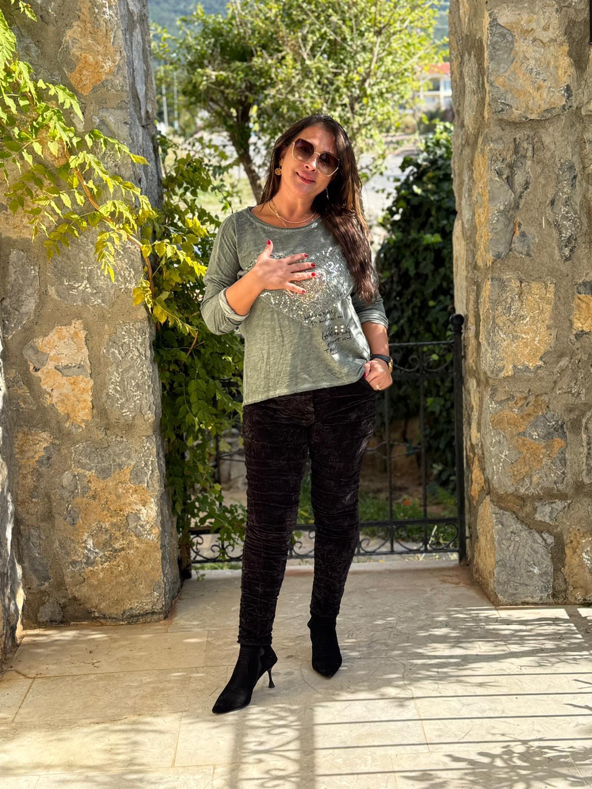 YG42030 Kalp Desenli Pullu İtalyan Triko Bluz Haki