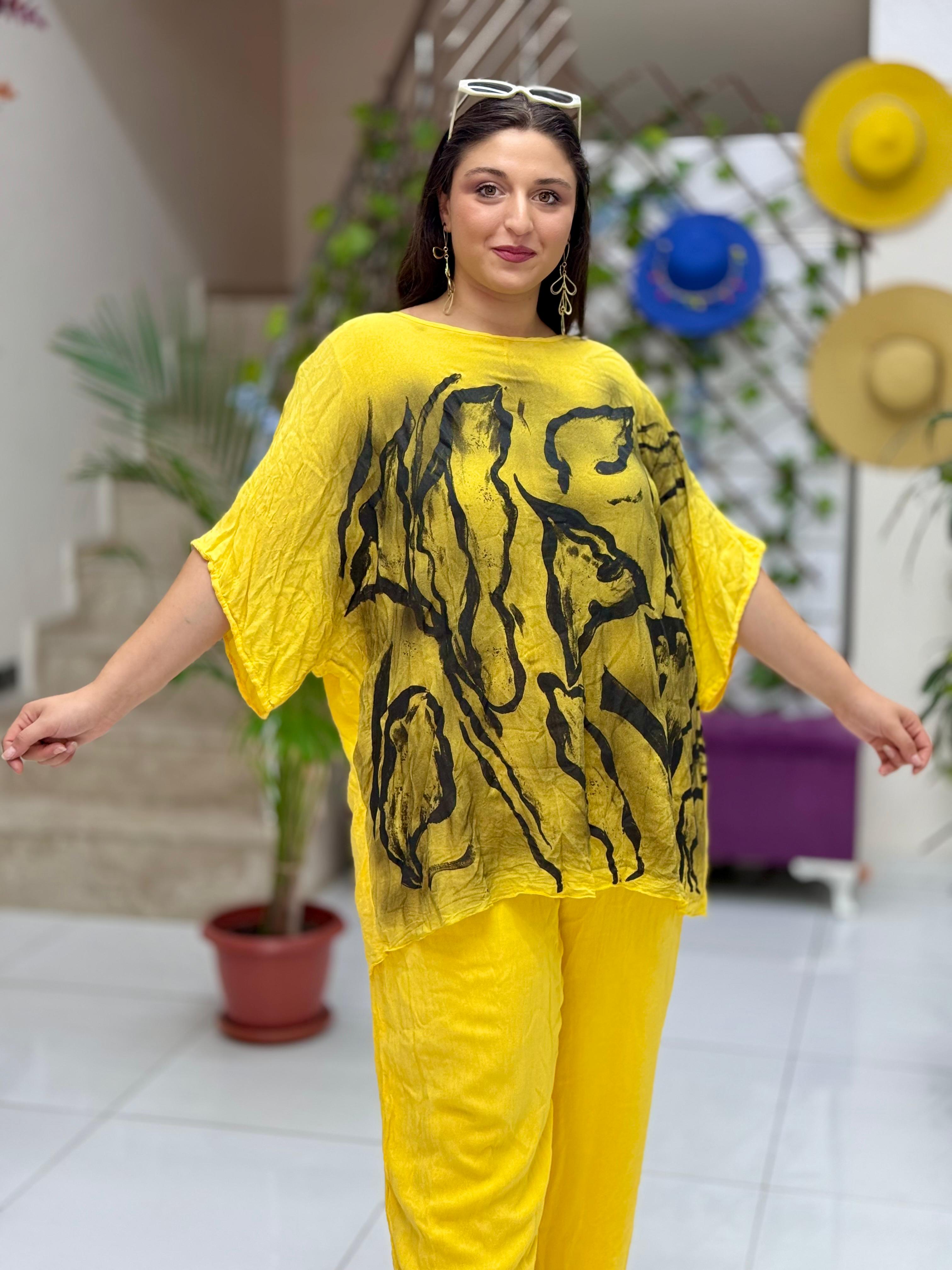 VL3009 Yarasa Kol Baskılı Vual Bluz Sarı