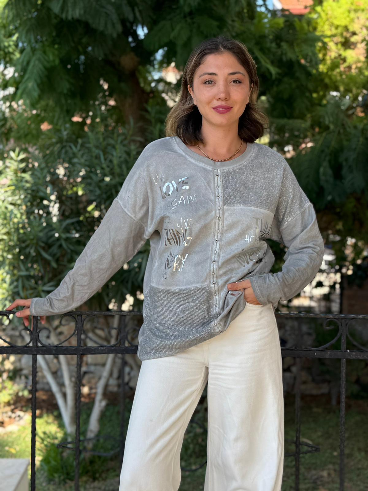 NC53761 İtalyan Yazılı Ve Taşlı Coton Sweatshirt Gri