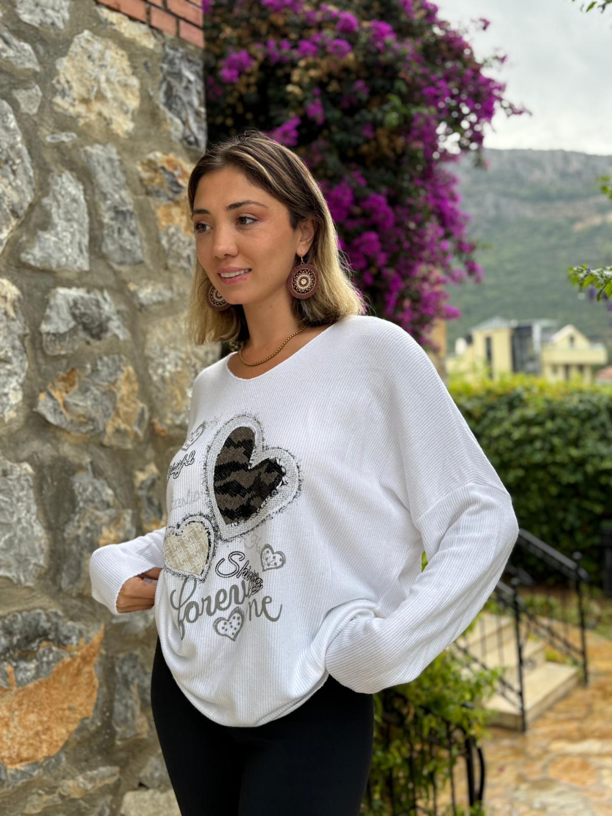 LS6211 İtalyan Kalp Desenli Triko Bluz Beyaz