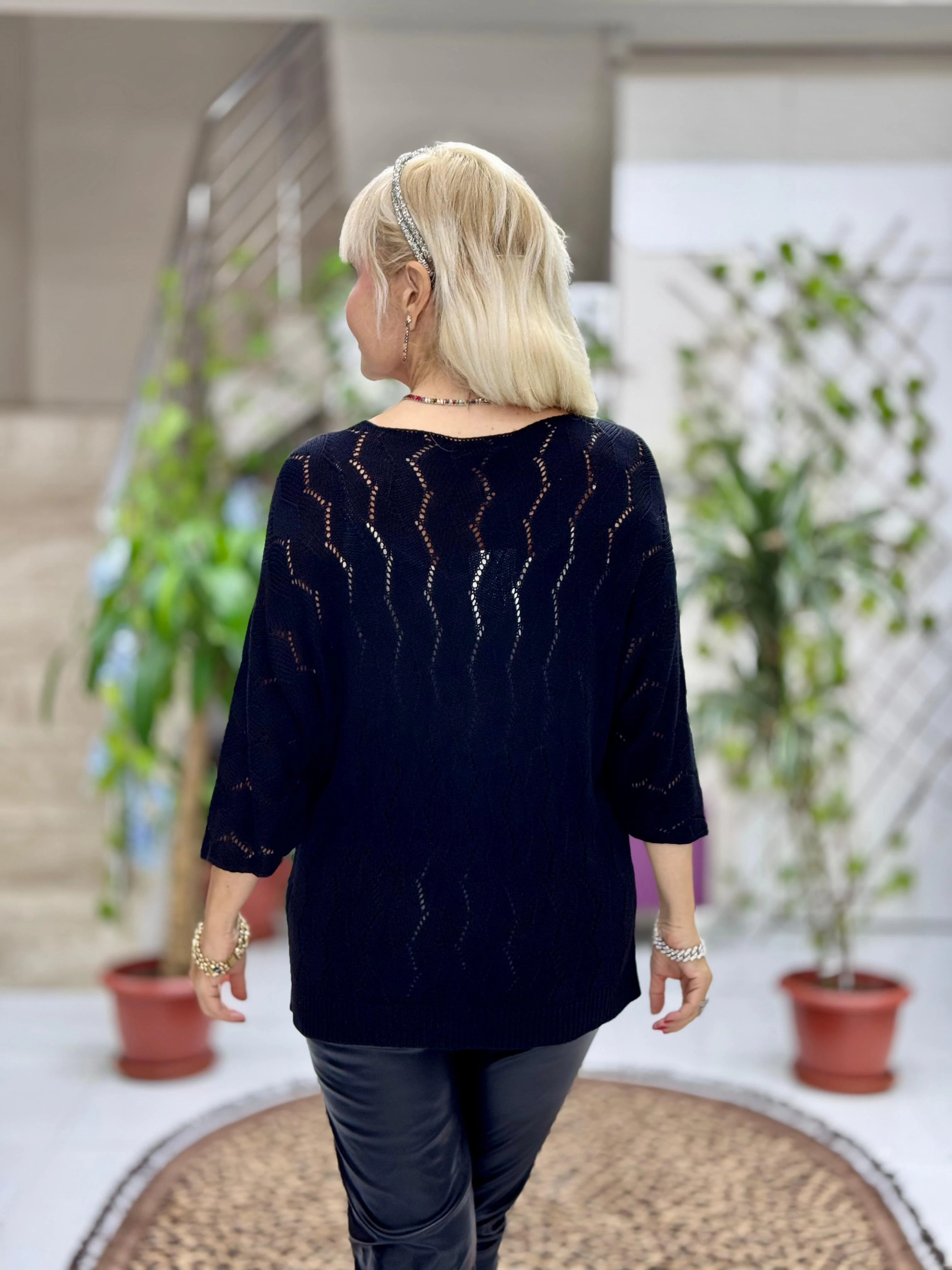 NC6071 İtalyan Fakir Kol Zikzak Desenli İnce Triko Bluz Siyah