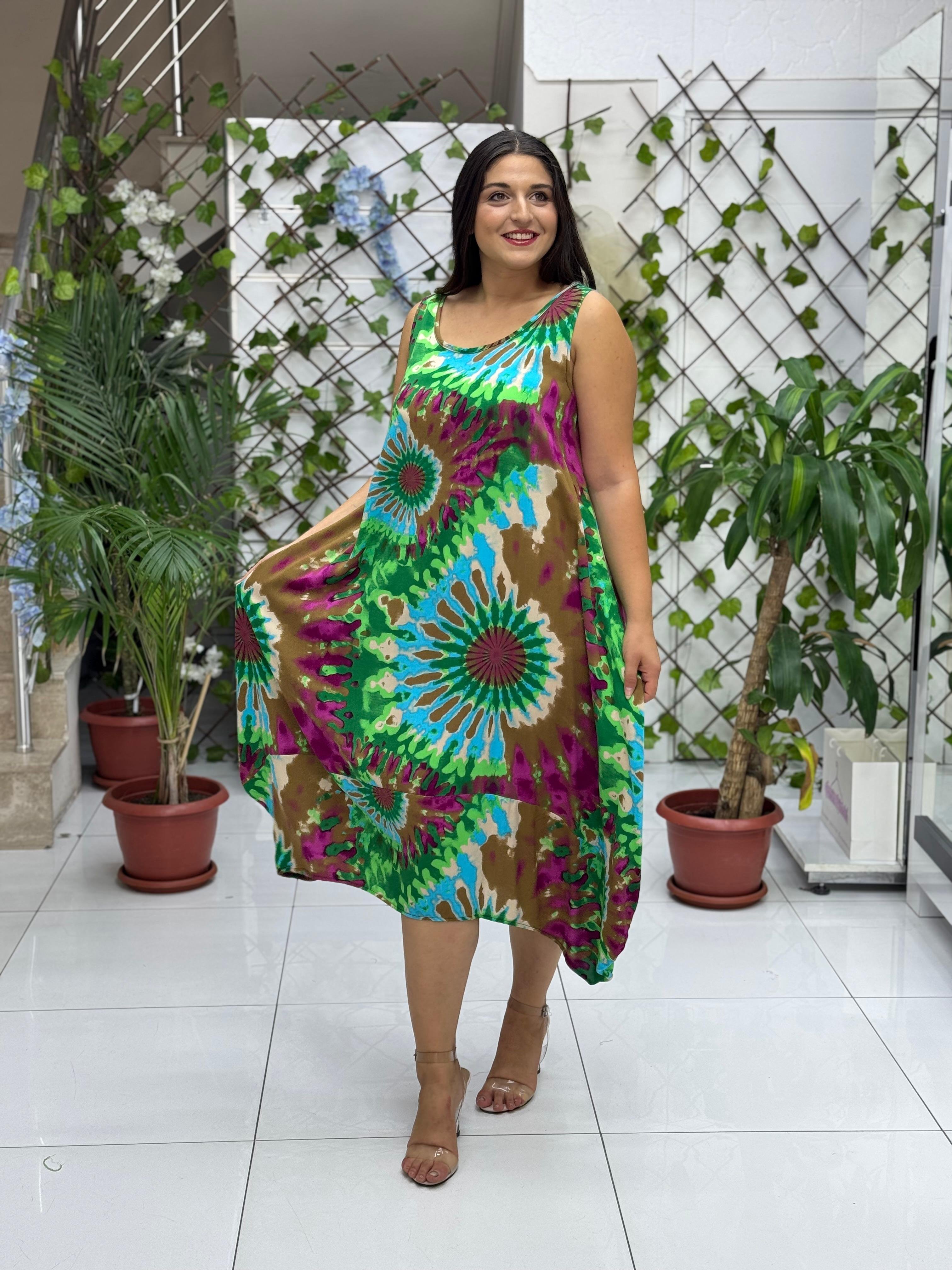 BD13306 Viskon Kolsuz Bodrum Batikli Elbise
