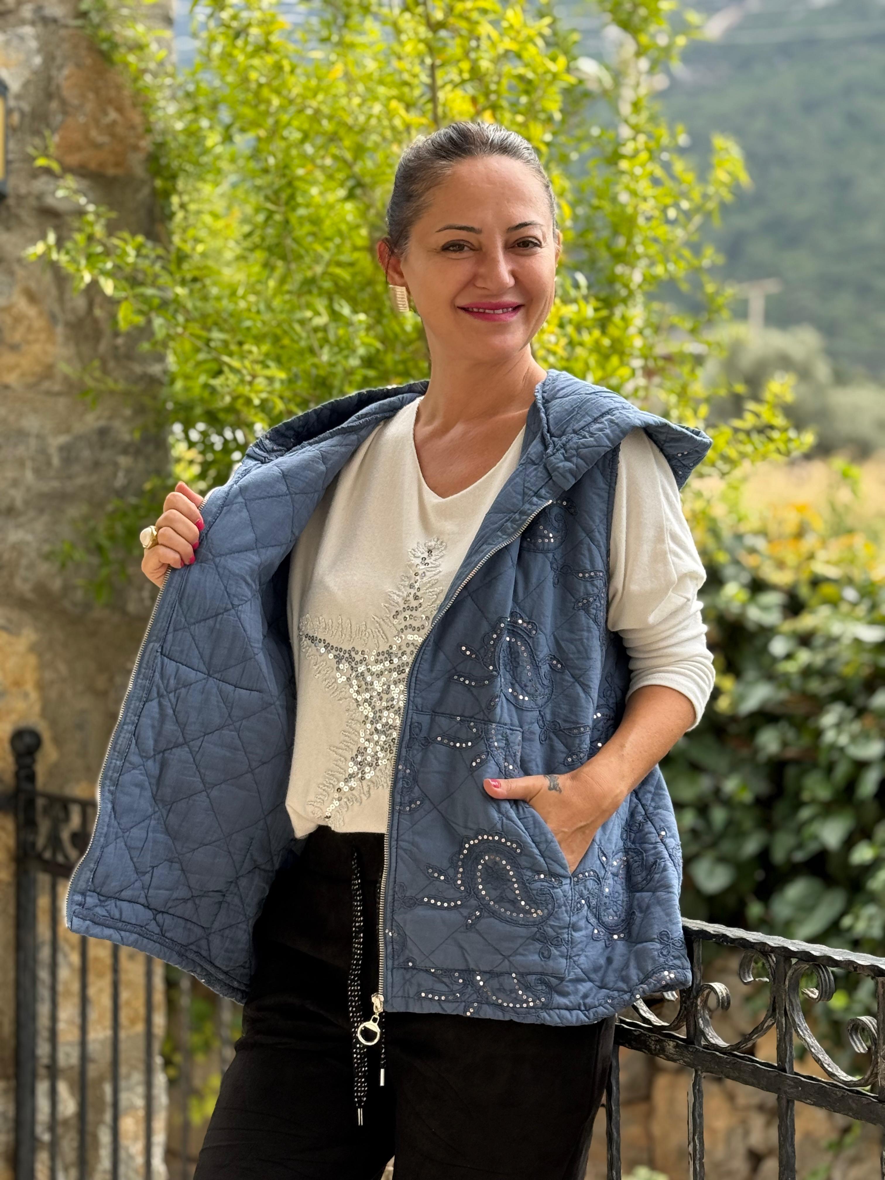 NC65588 Şal Desen Pullu Kapitone İtalyan Yelek Mavi