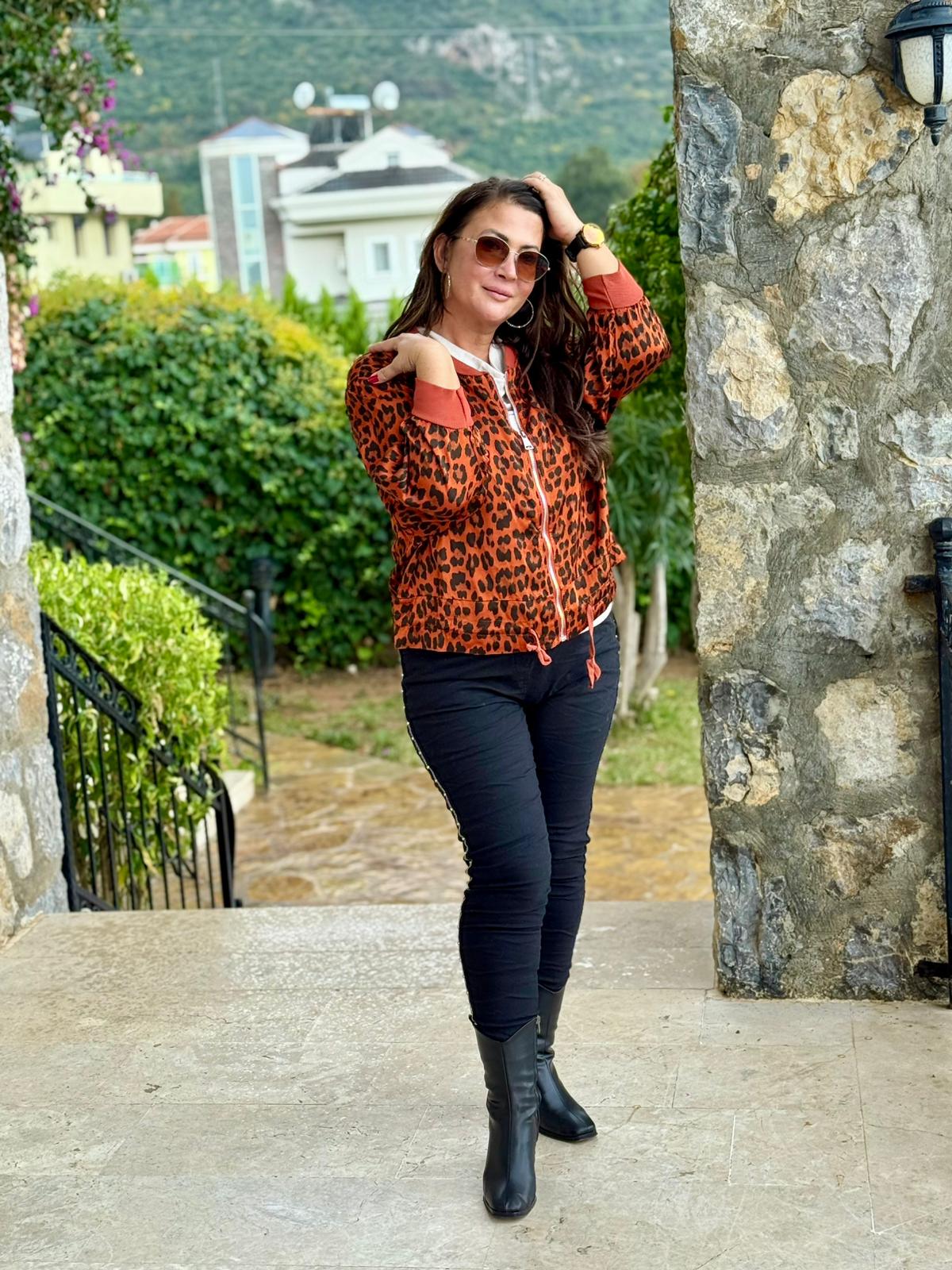 YG837903 İtalyan Leoparlı Saten İpek Ceket Oranj