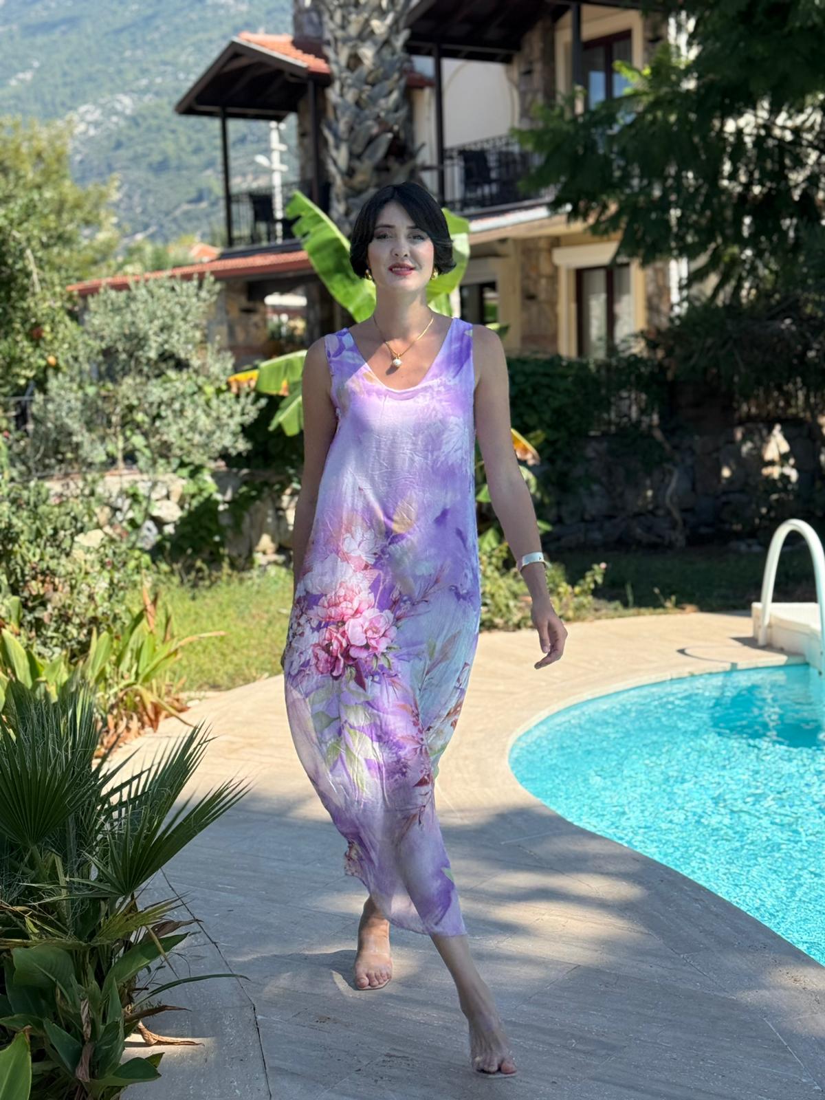 YG20641 İtalyan Çiçekli Askılı İpek Elbise Lila