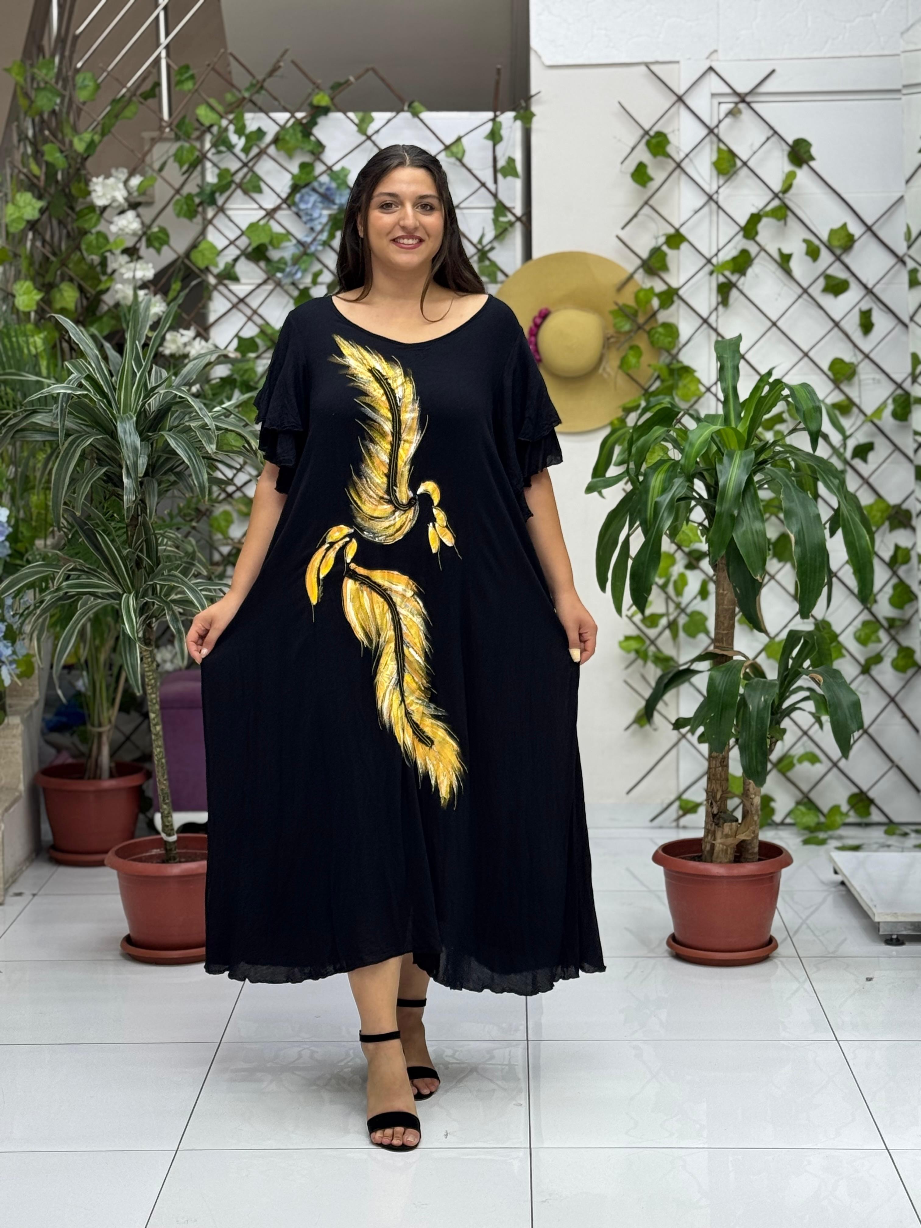 VL9636 Tüy Baskılı Yarım Kol Vual Elbise Siyah