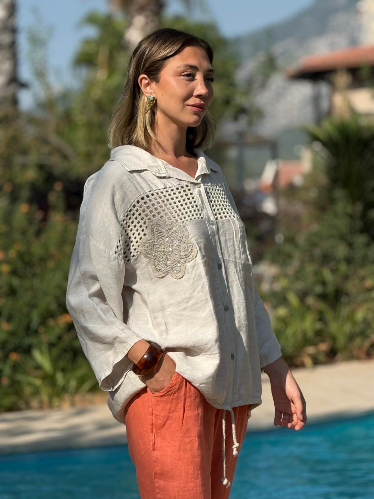 N23003 Blusa Lino Algodón Italiano Visón