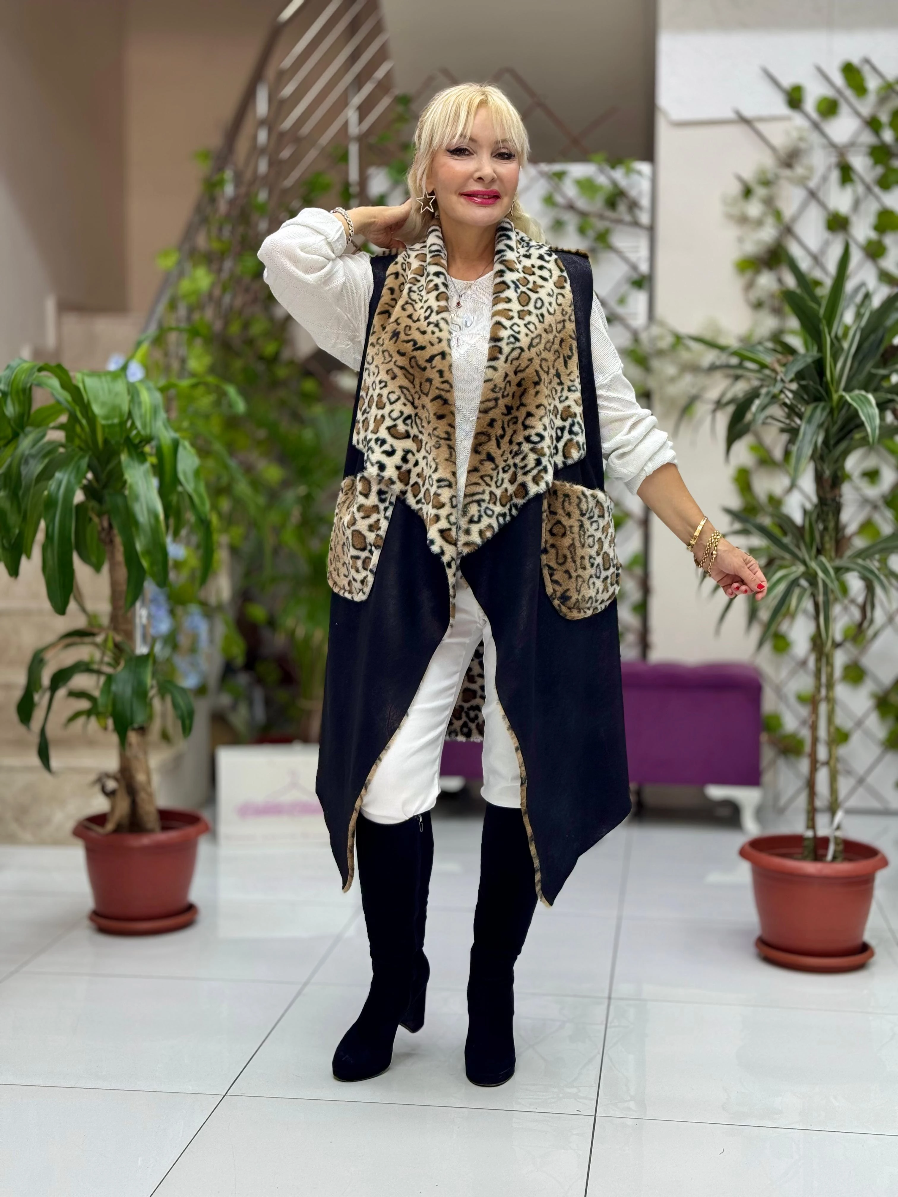 YG3340 Leopar Desenli Kürklü İtalyan Nubuk Yelek Siyah