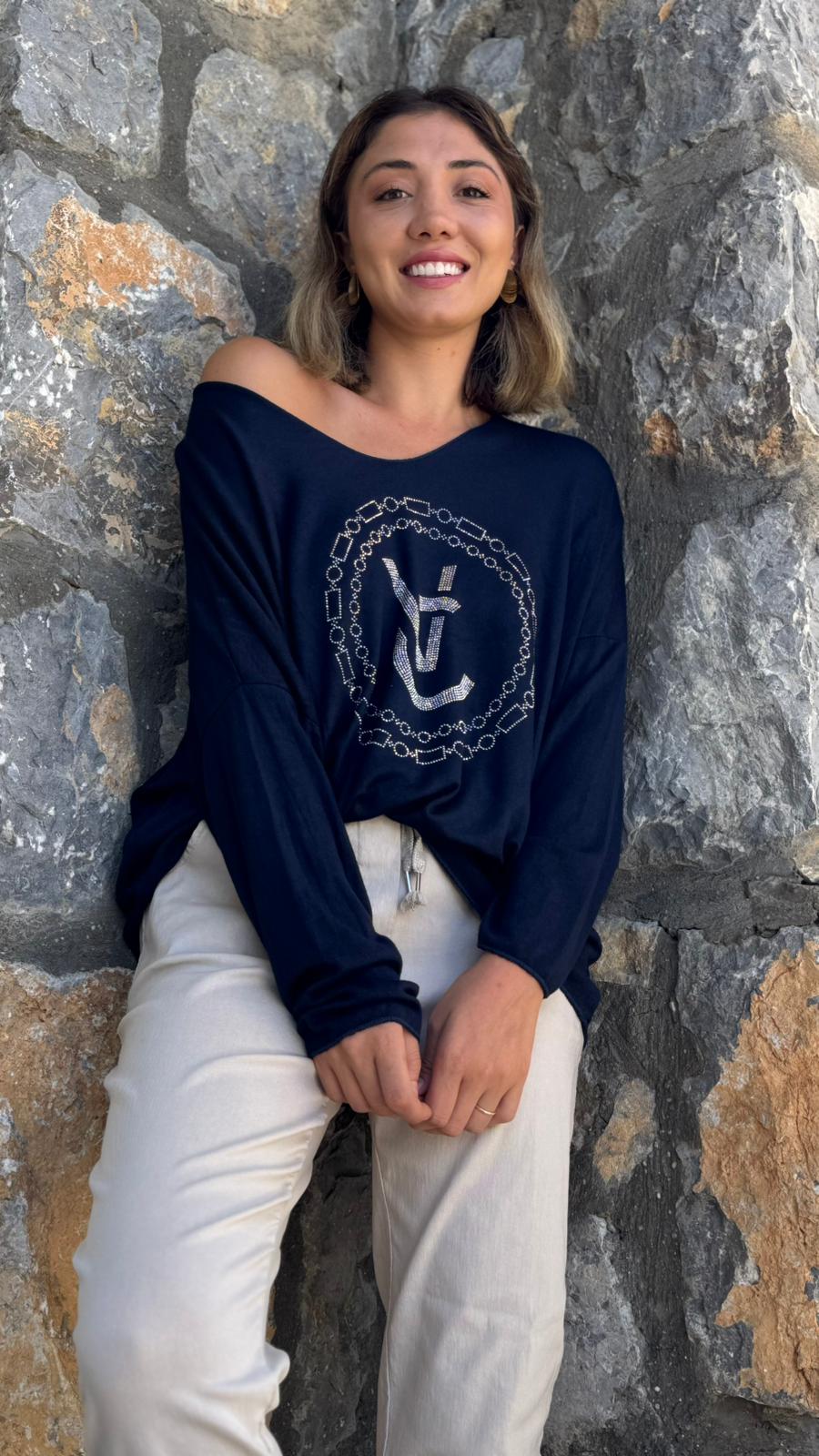 FXLS82681 İtalyan Taş Baskılı Triko Bluz Lacivert