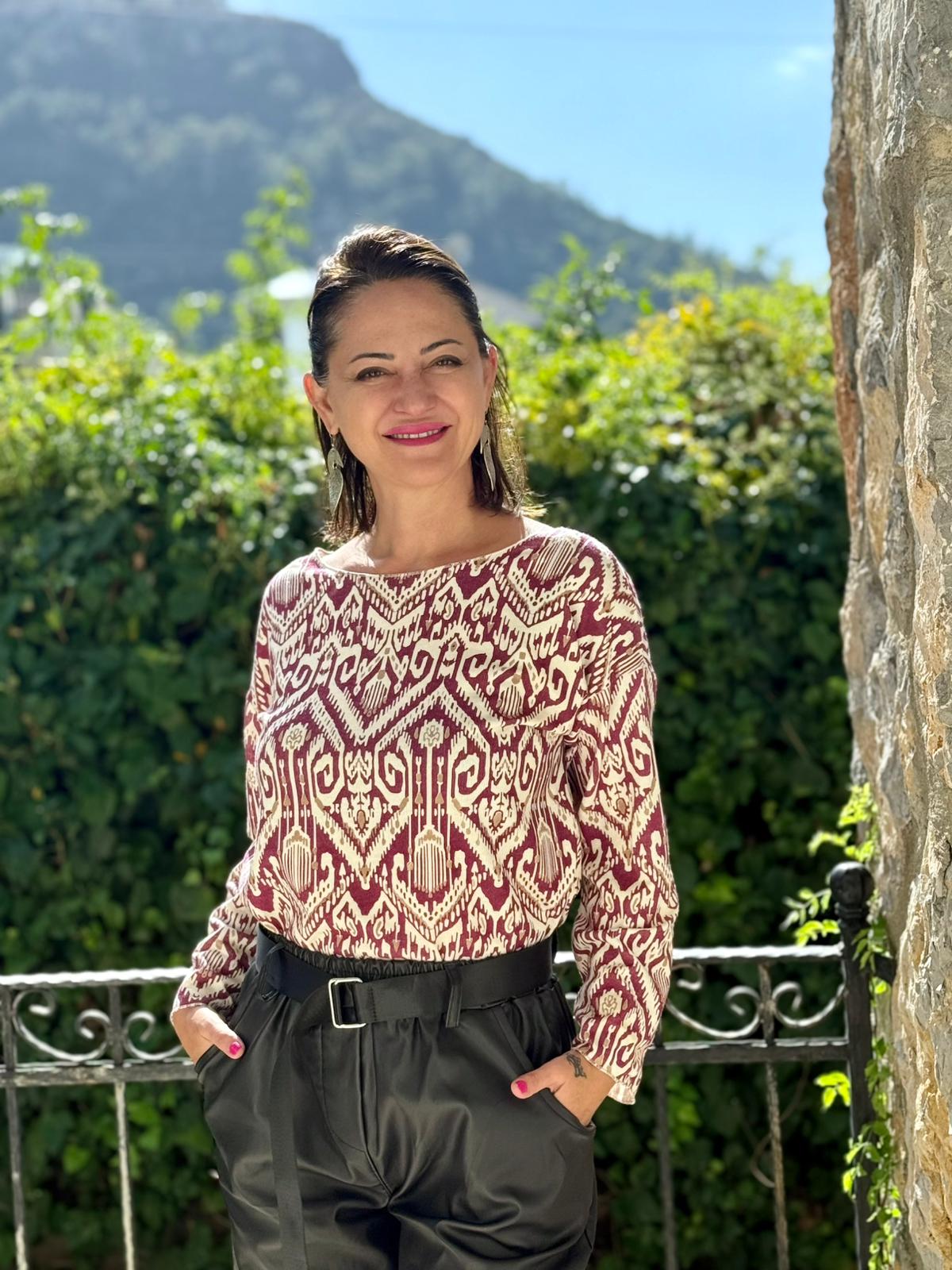 YG6263 Kayık Yaka Otantik Desen İtalyan Triko Bluz Vişne