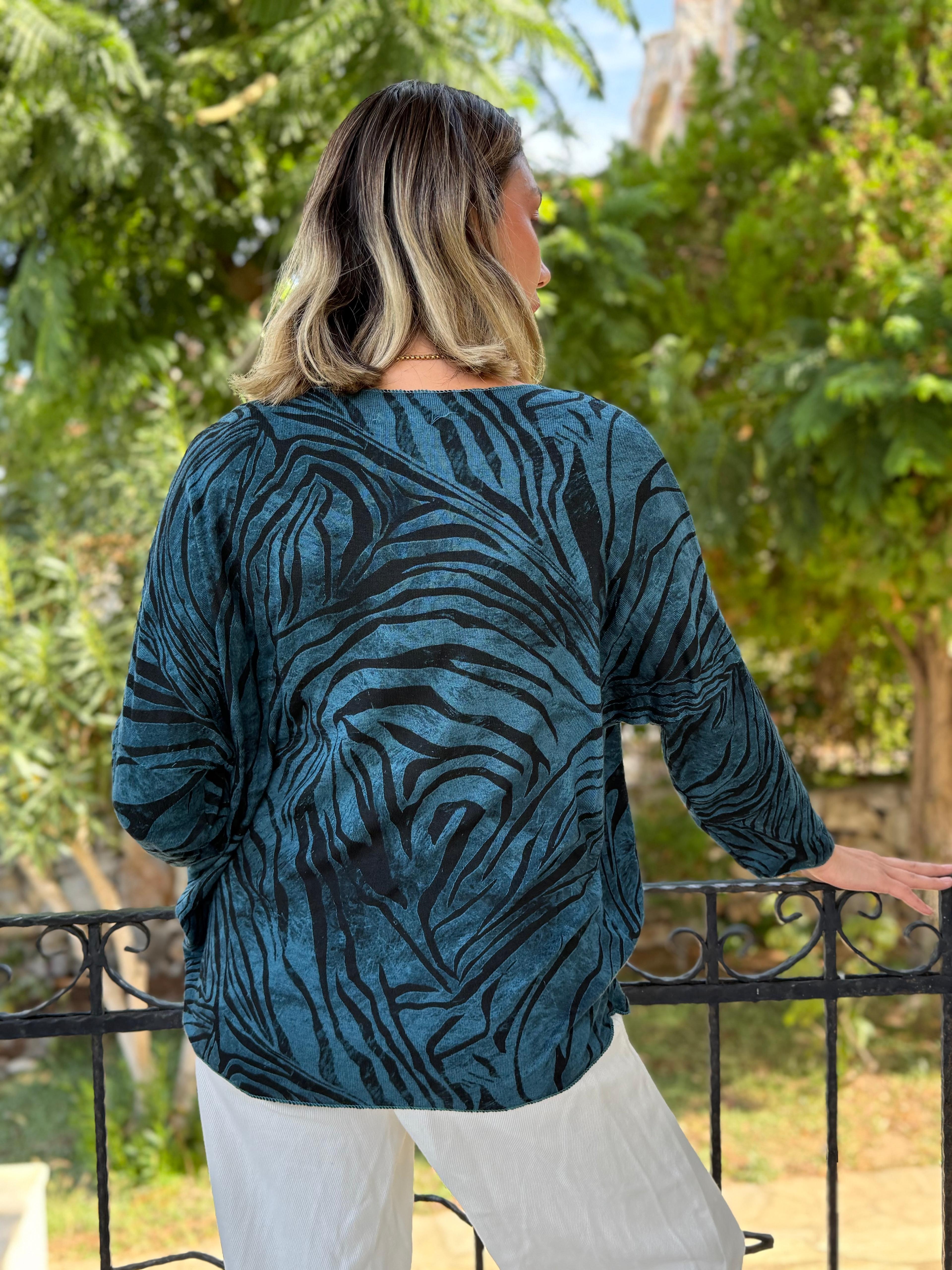 NC11285 İtalyan V Yaka Zebra Desenli Triko Bluz Petrol