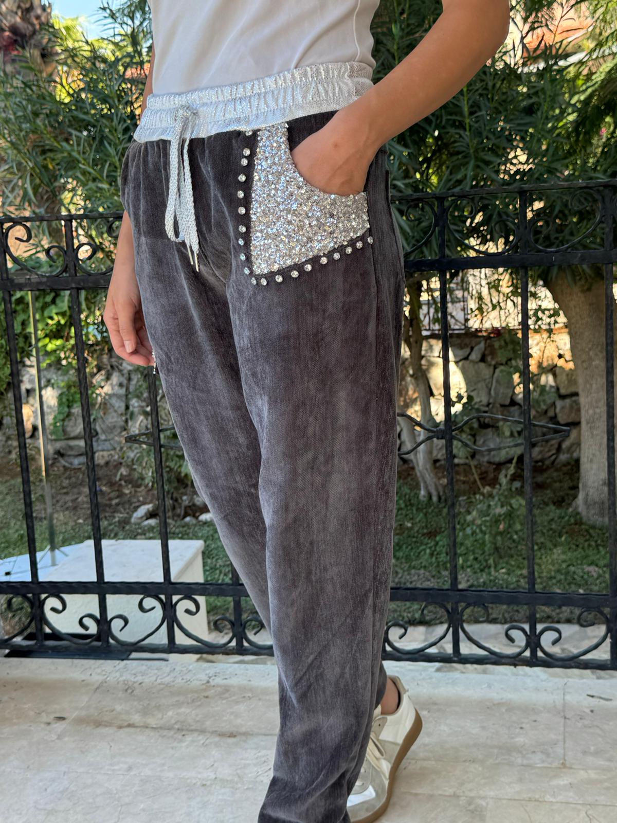 LS13220 İtalyan Cebi Taşlı Kadife Pantolon Füme