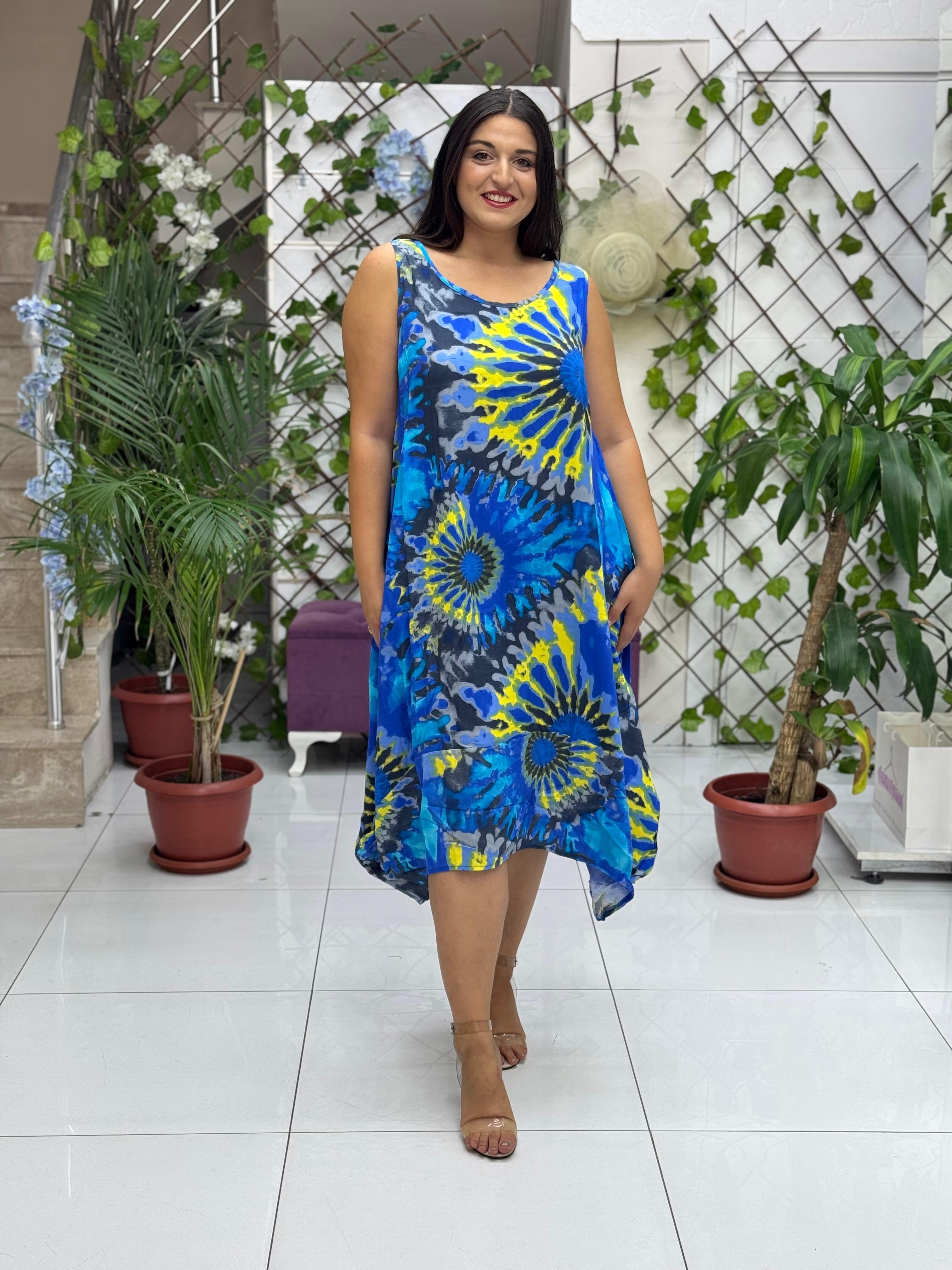 BD13304 Viskon Kolsuz Bodrum Batikli Elbise