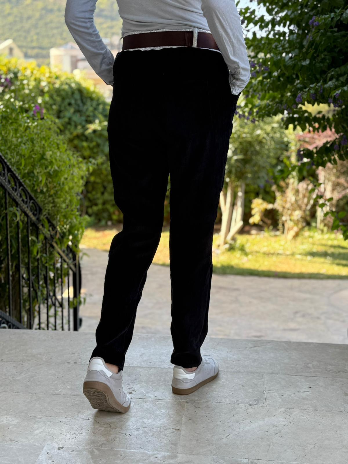 LS12520 İtalyan Yıldız Taşlı Kadife Pantolon Siyah