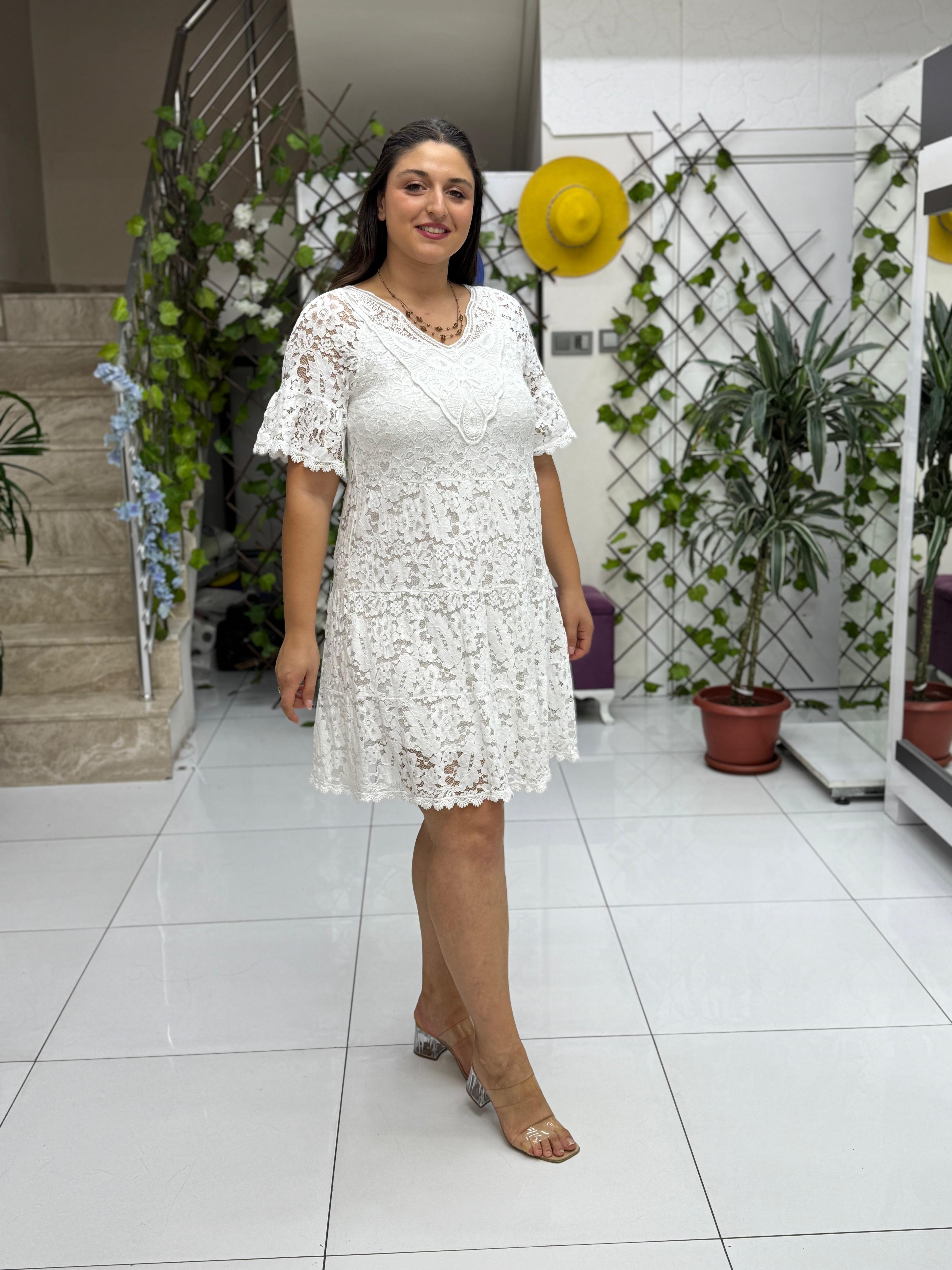 NC6793 Yarım Kol Coton İtalyan Dantelli Mini Elbise Beyaz