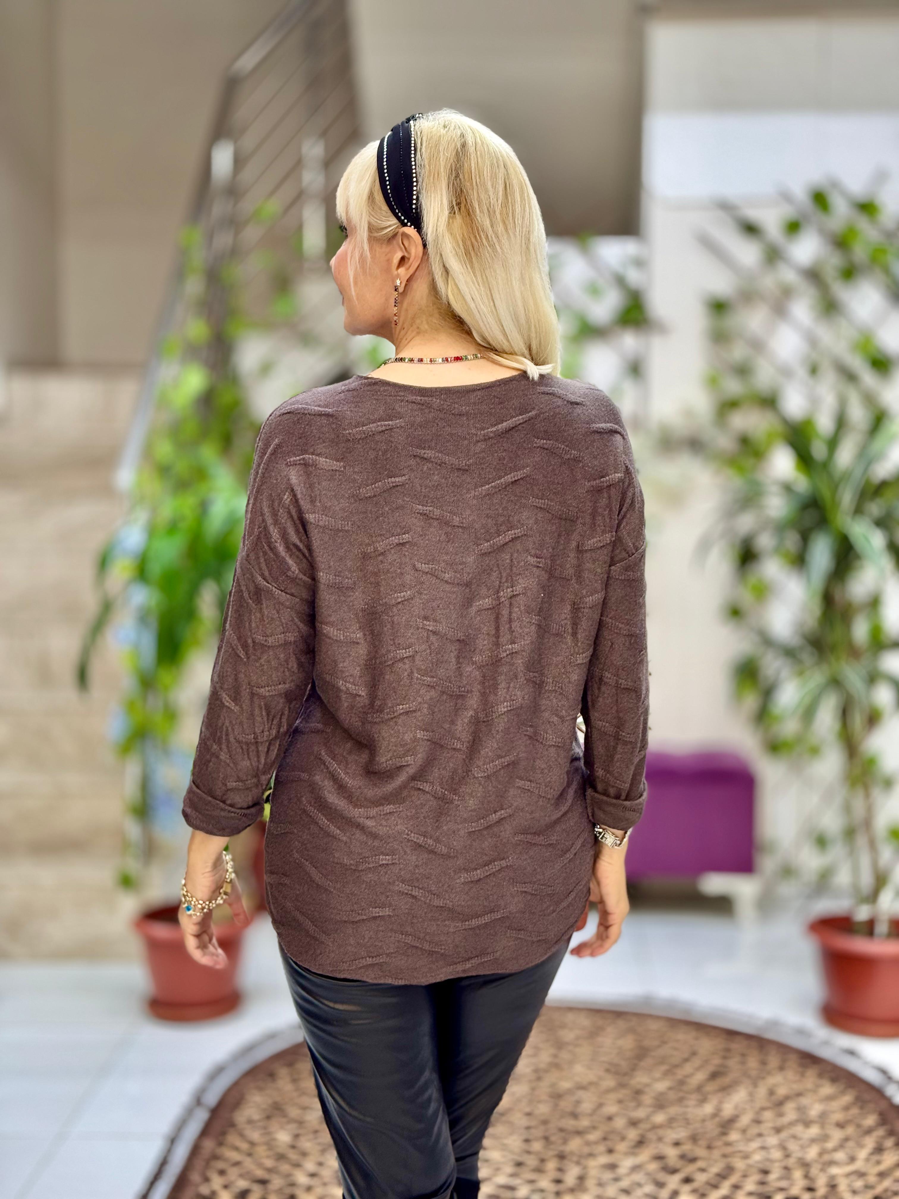 YG11716 Leopar Baskılı Kendinden Desenli İtalyan Triko Bluz Kahverengi