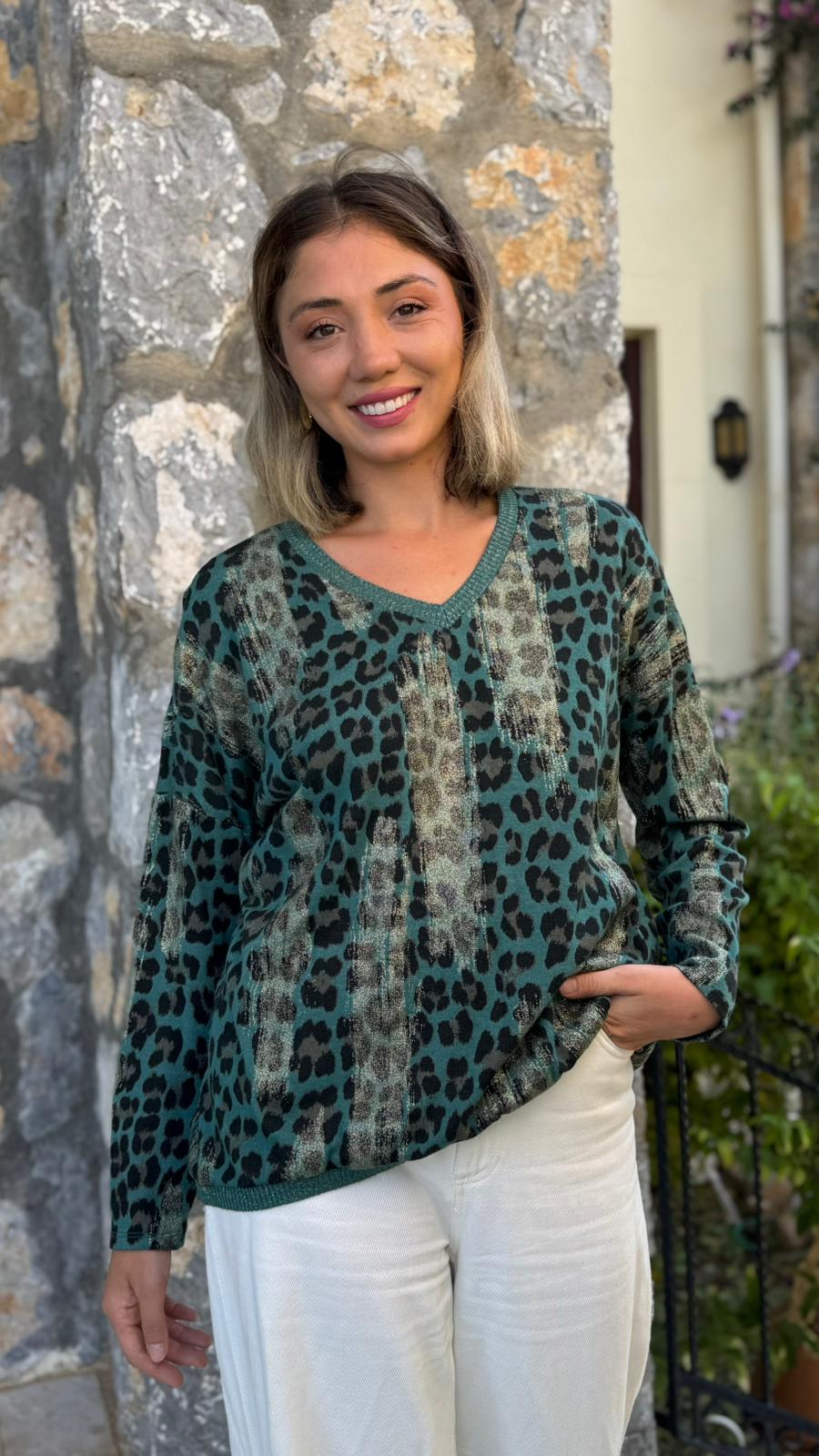 P245011 İtalyan Simli Leopar Bluz Acıyeşil