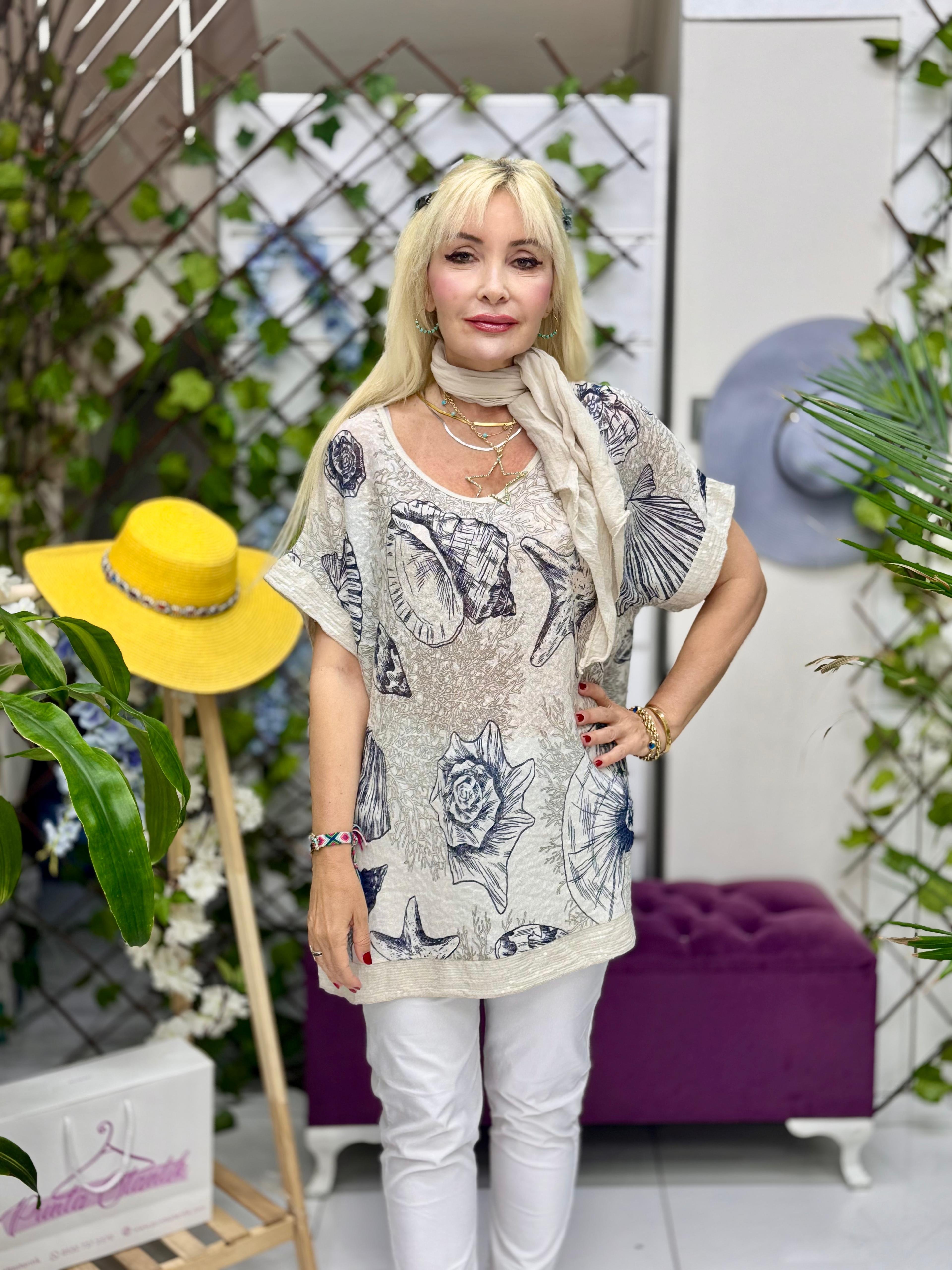 NC82560 İtalyan Fularlı Coton Bluz Krem