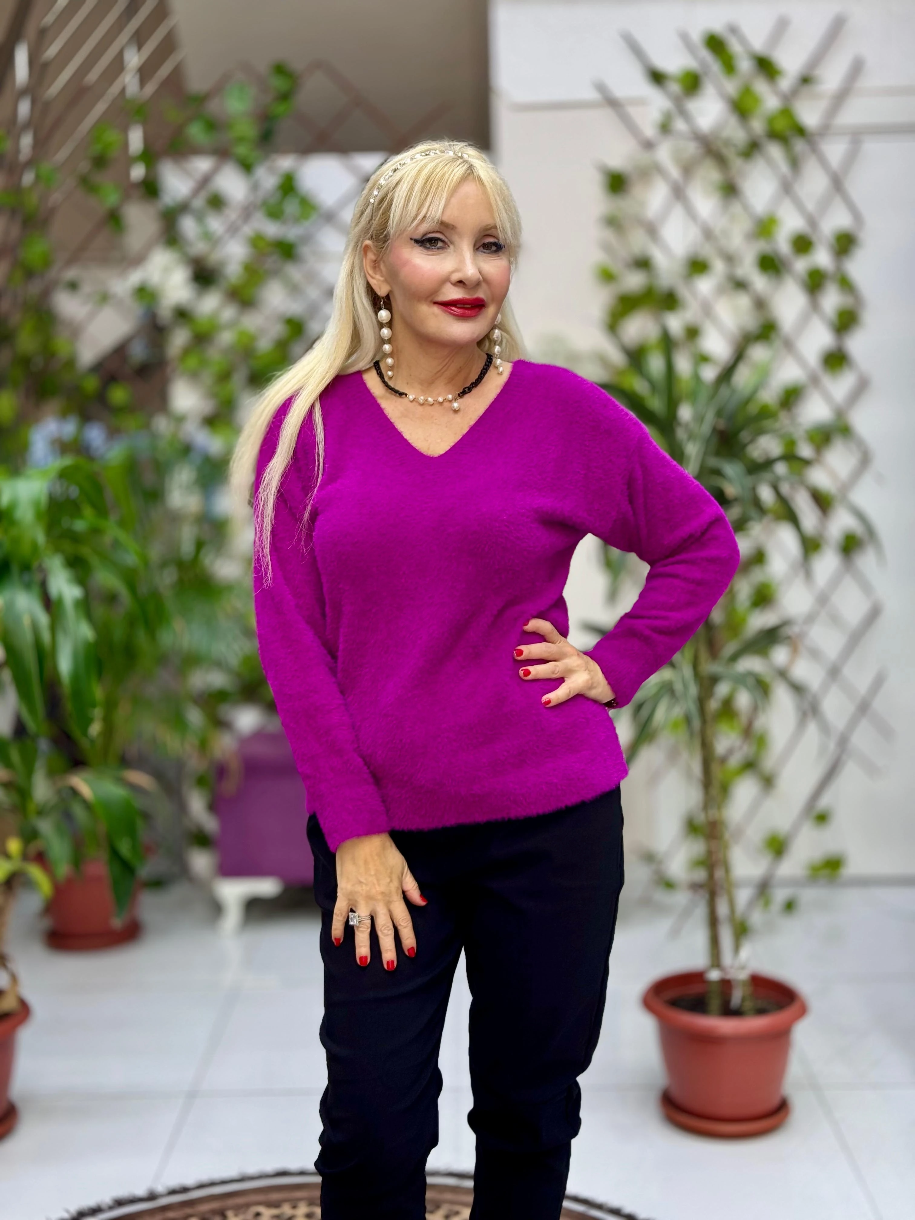 YG24029 İtalyan V Yaka Peluş Angora Kazak Eflatun